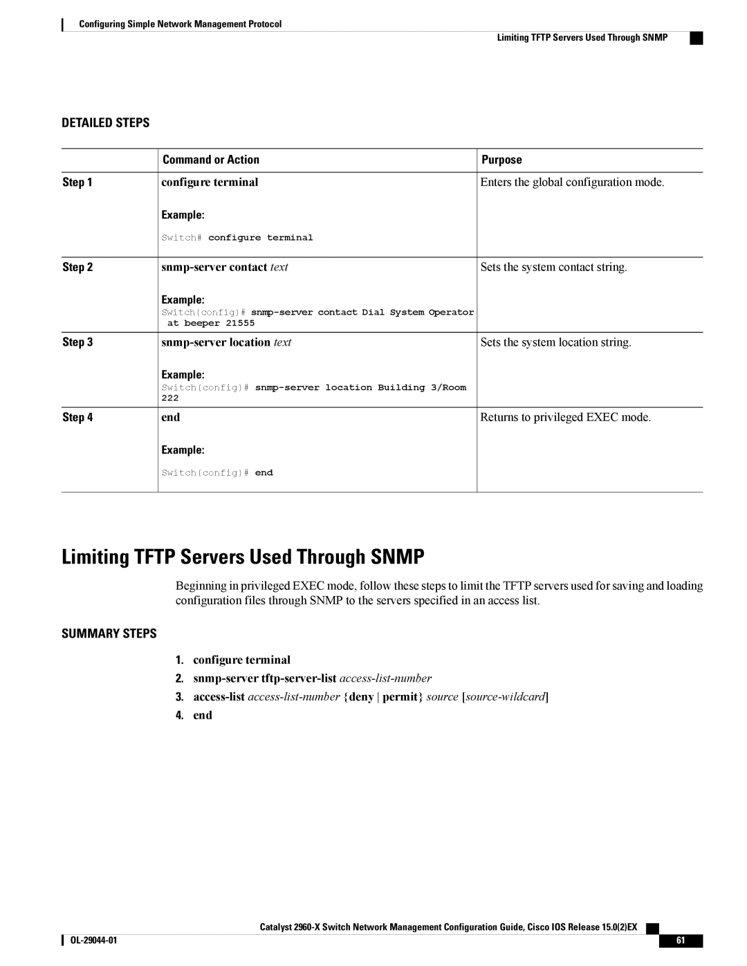 Cisco Systems WSC2960X24TSLL, WSC2960X24TDL, WSC2960X48TSL, WSC2960X24PSL manual Limiting Tftp Servers Used Through Snmp 