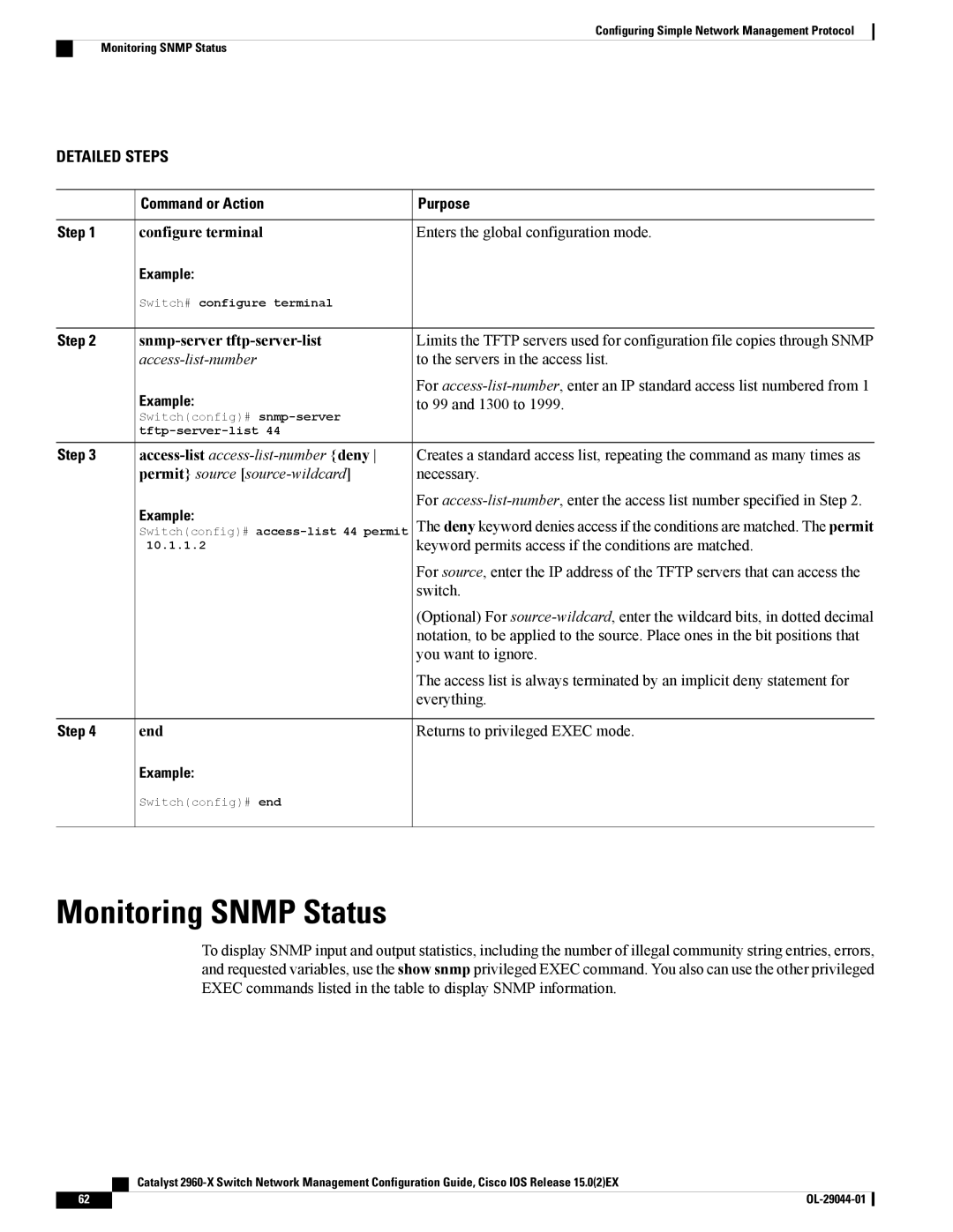 Cisco Systems WSC2960X24PDL, WSC2960X24TDL, WSC2960X48TSL, C2960XSTACK Monitoring Snmp Status, Snmp-server tftp-server-list 