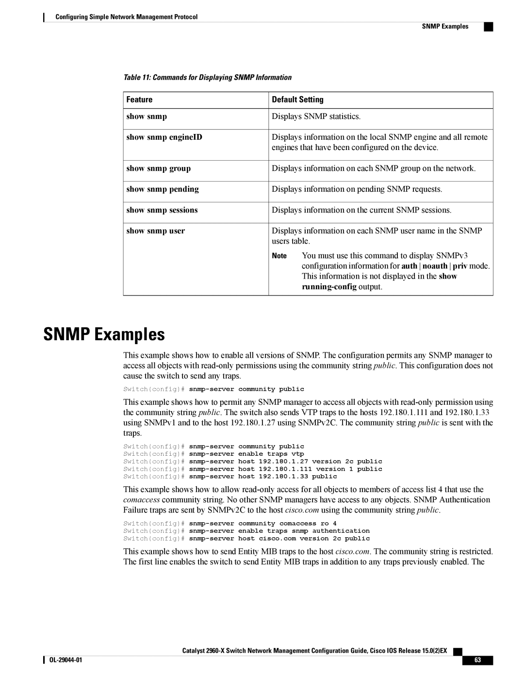 Cisco Systems C2960XSTACK, WSC2960X24TDL, WSC2960X48TSL, WSC2960X24PSL, WSC2960X24TSLL, WSC2960X24PDL manual Snmp Examples 