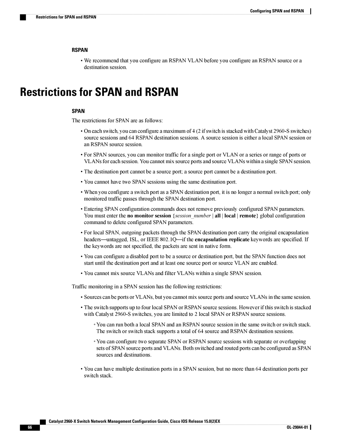 Cisco Systems WSC2960X48TSL, WSC2960X24TDL, WSC2960X24PSL, WSC2960X24TSLL, WSC2960X24PDL manual Restrictions for Span and Rspan 