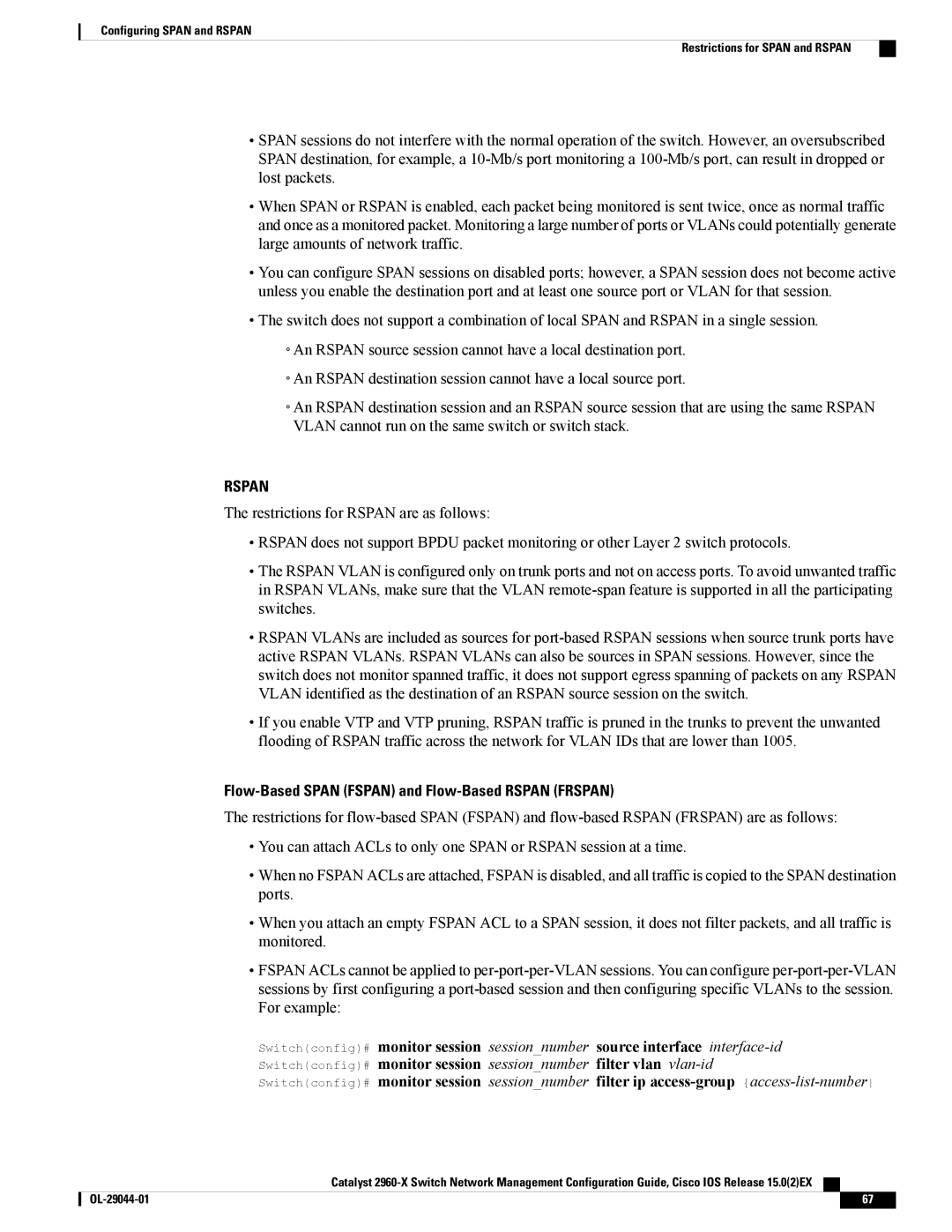 Cisco Systems WSC2960X24PSL, WSC2960X24TDL, WSC2960X48TSL, WSC2960X24TSLL Flow-Based Span Fspan and Flow-Based Rspan Frspan 