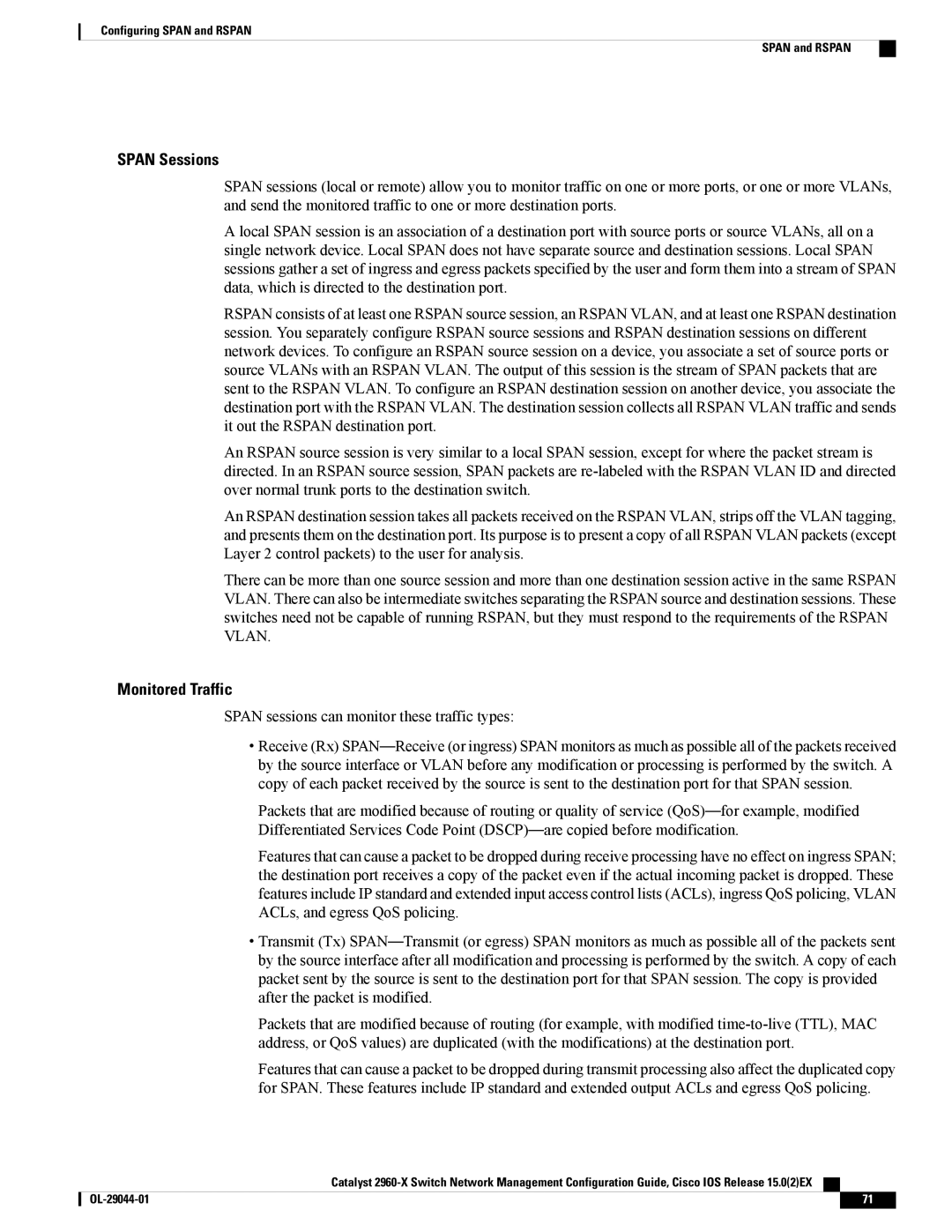 Cisco Systems WSC2960X24TDL, WSC2960X48TSL, WSC2960X24PSL, WSC2960X24TSLL, WSC2960X24PDL, C2960XSTACK manual Span Sessions 