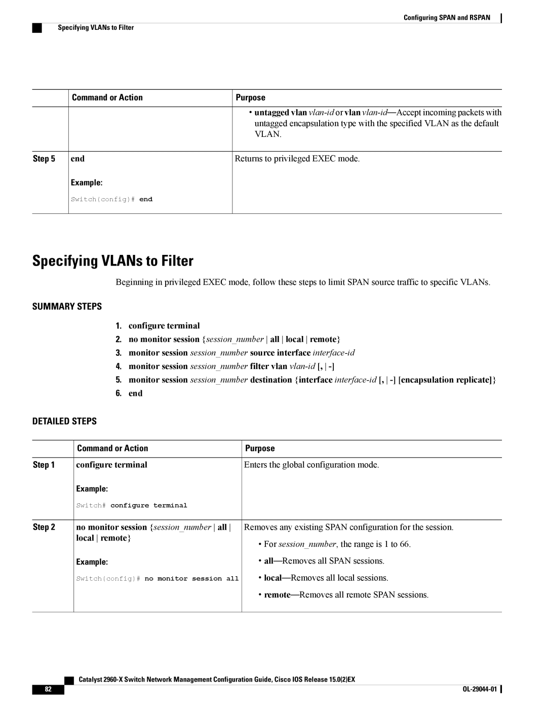 Cisco Systems WSC2960X24TSLL, WSC2960X24TDL, WSC2960X48TSL manual Specifying VLANs to Filter, Command or Action Purpose 