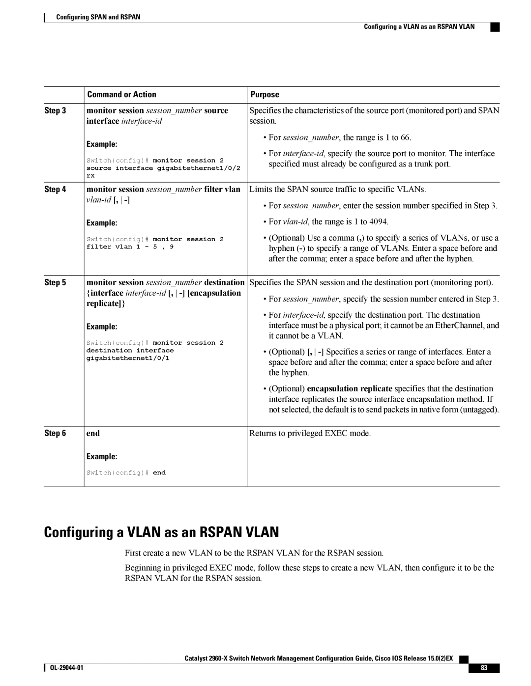 Cisco Systems WSC2960X24PDL, WSC2960X24TDL Configuring a Vlan as an Rspan Vlan, Monitor session sessionnumber filter vlan 