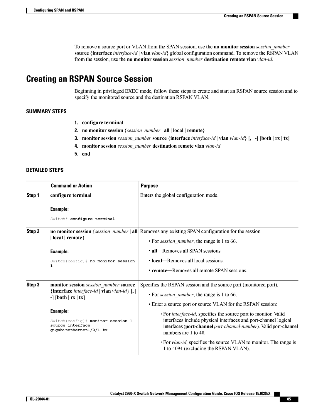 Cisco Systems WSC2960X24TSL manual Creating an Rspan Source Session, No monitor session sessionnumber all Local remote 