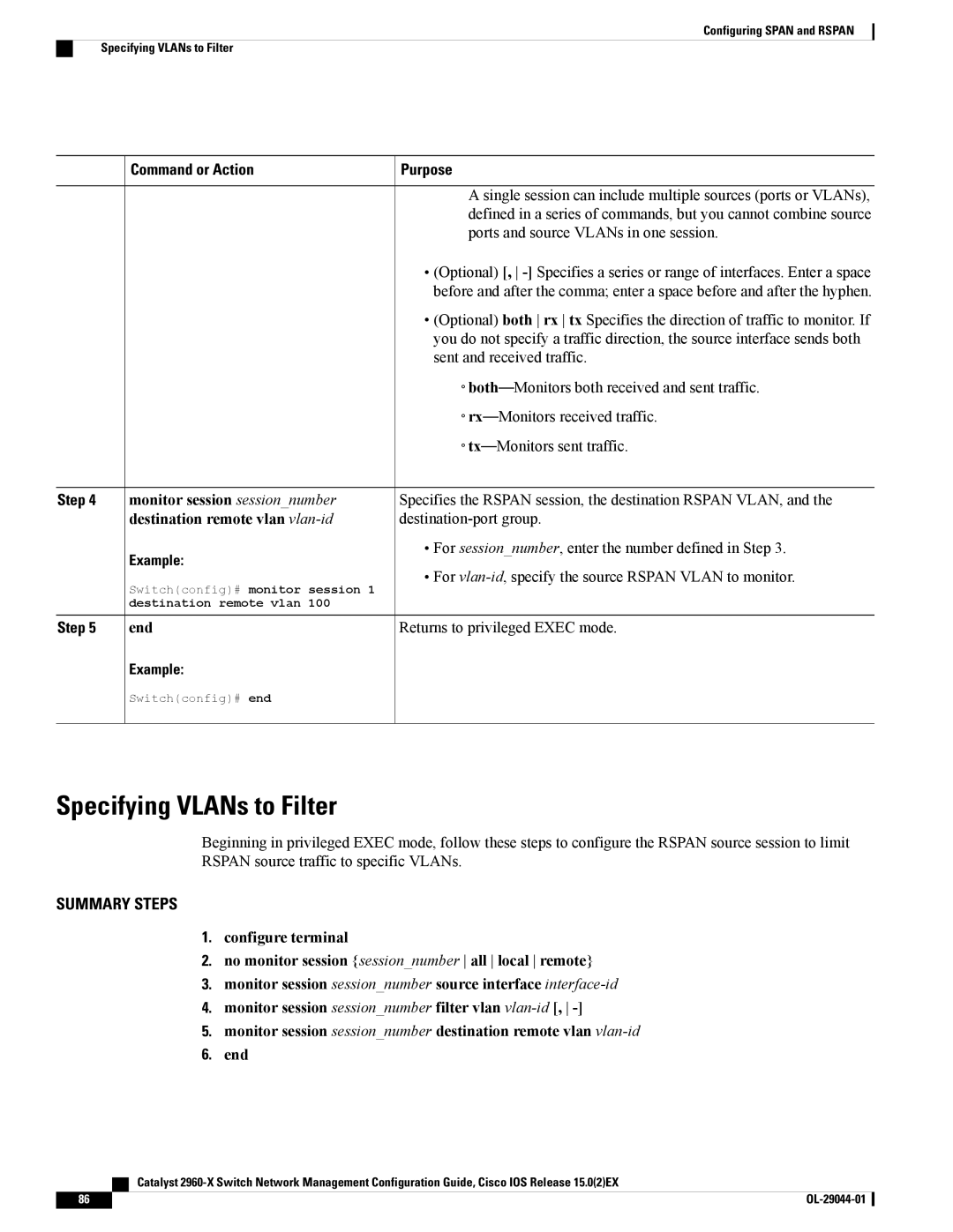 Cisco Systems WSC2960X24TDL, WSC2960X48TSL, WSC2960X24PSL Monitor session sessionnumber, Destination remote vlan vlan-id 