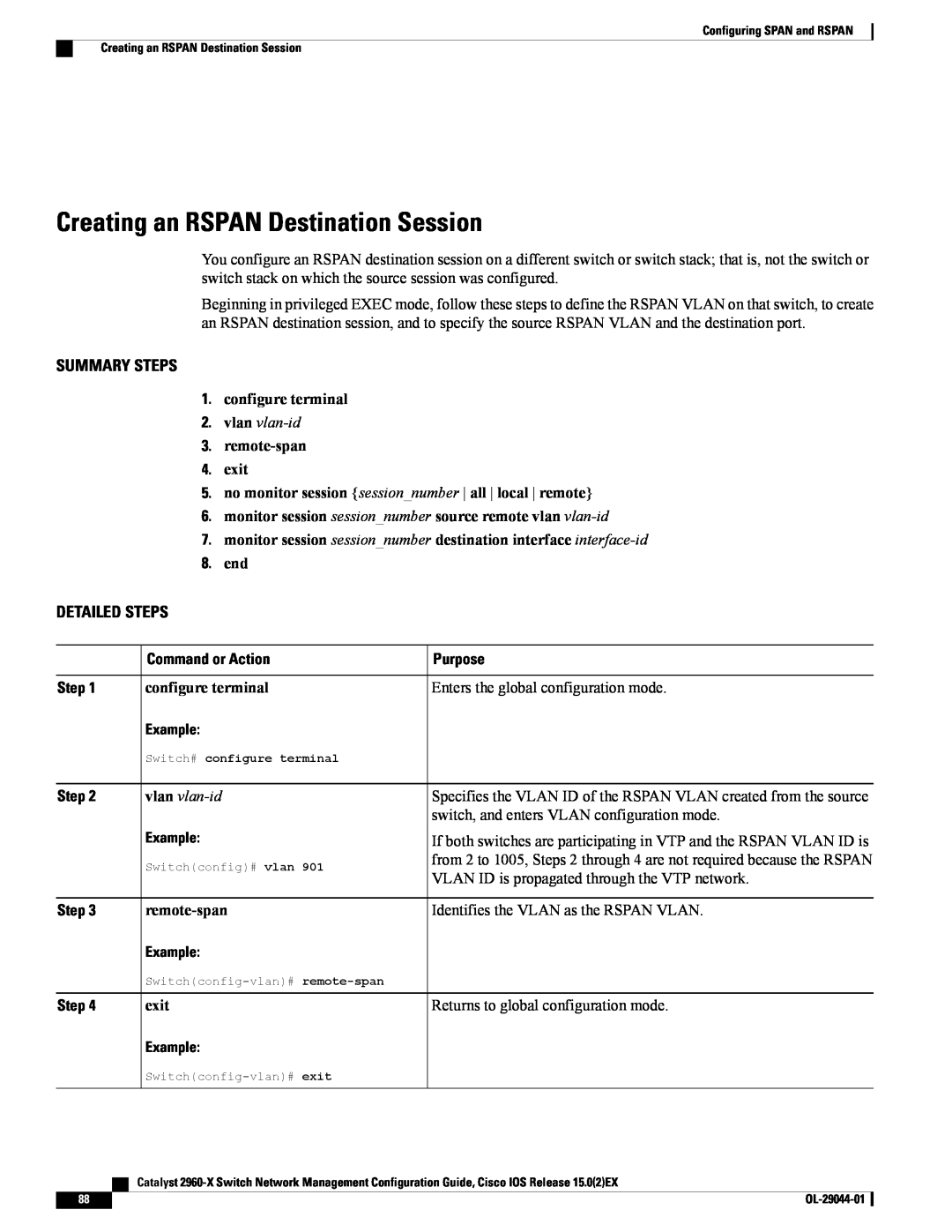 Cisco Systems WSC2960X24PSL Creating an RSPAN Destination Session, remote-span 4. exit, Summary Steps, Detailed Steps, end 