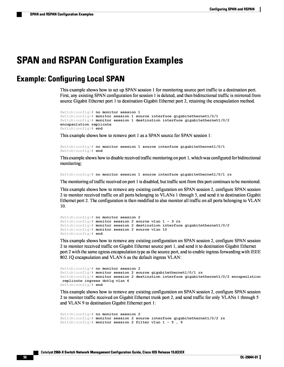 Cisco Systems WSC2960X24TSLL, WSC2960X24TDL manual SPAN and RSPAN Configuration Examples, Example Configuring Local SPAN 