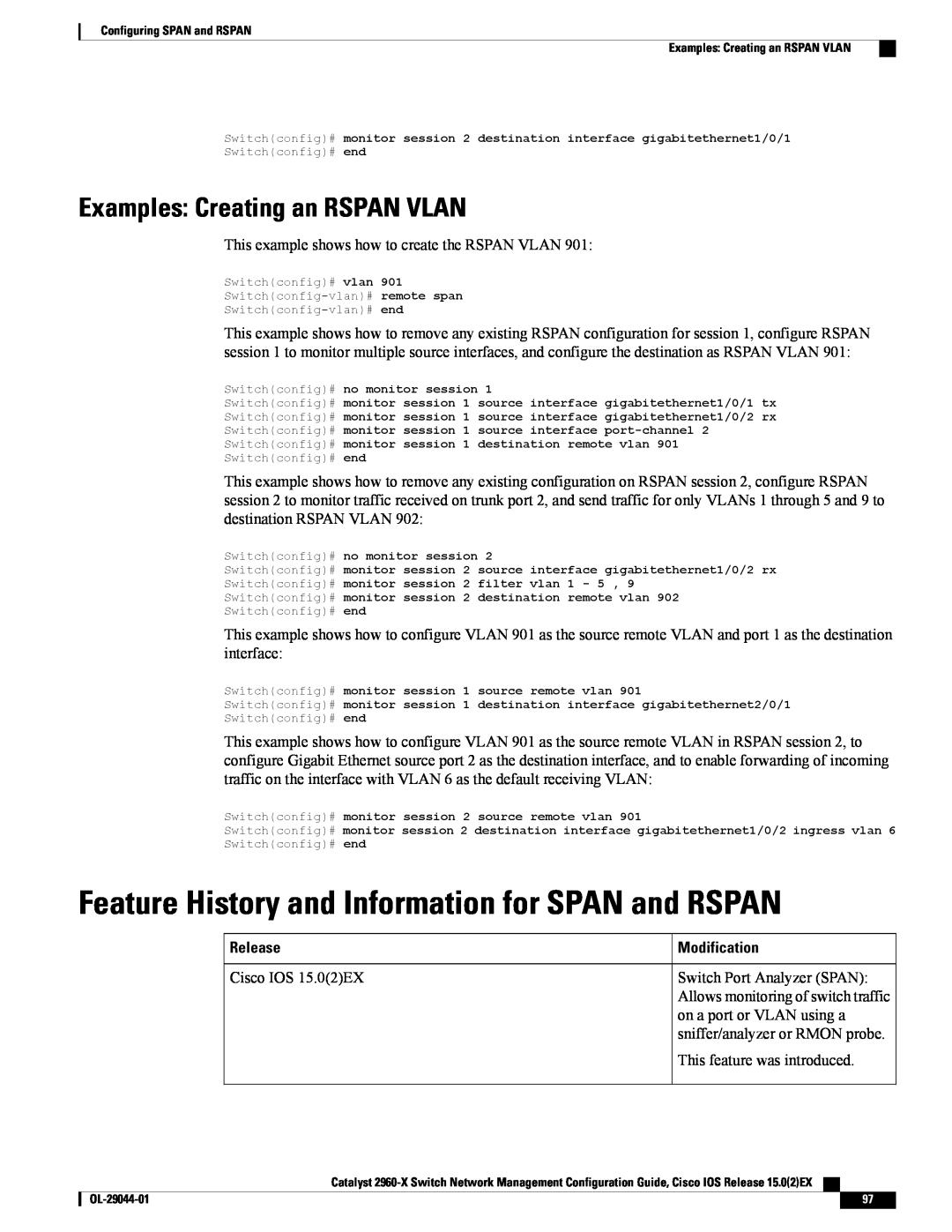 Cisco Systems WSC2960X24PDL Feature History and Information for SPAN and RSPAN, Examples Creating an RSPAN VLAN, Release 