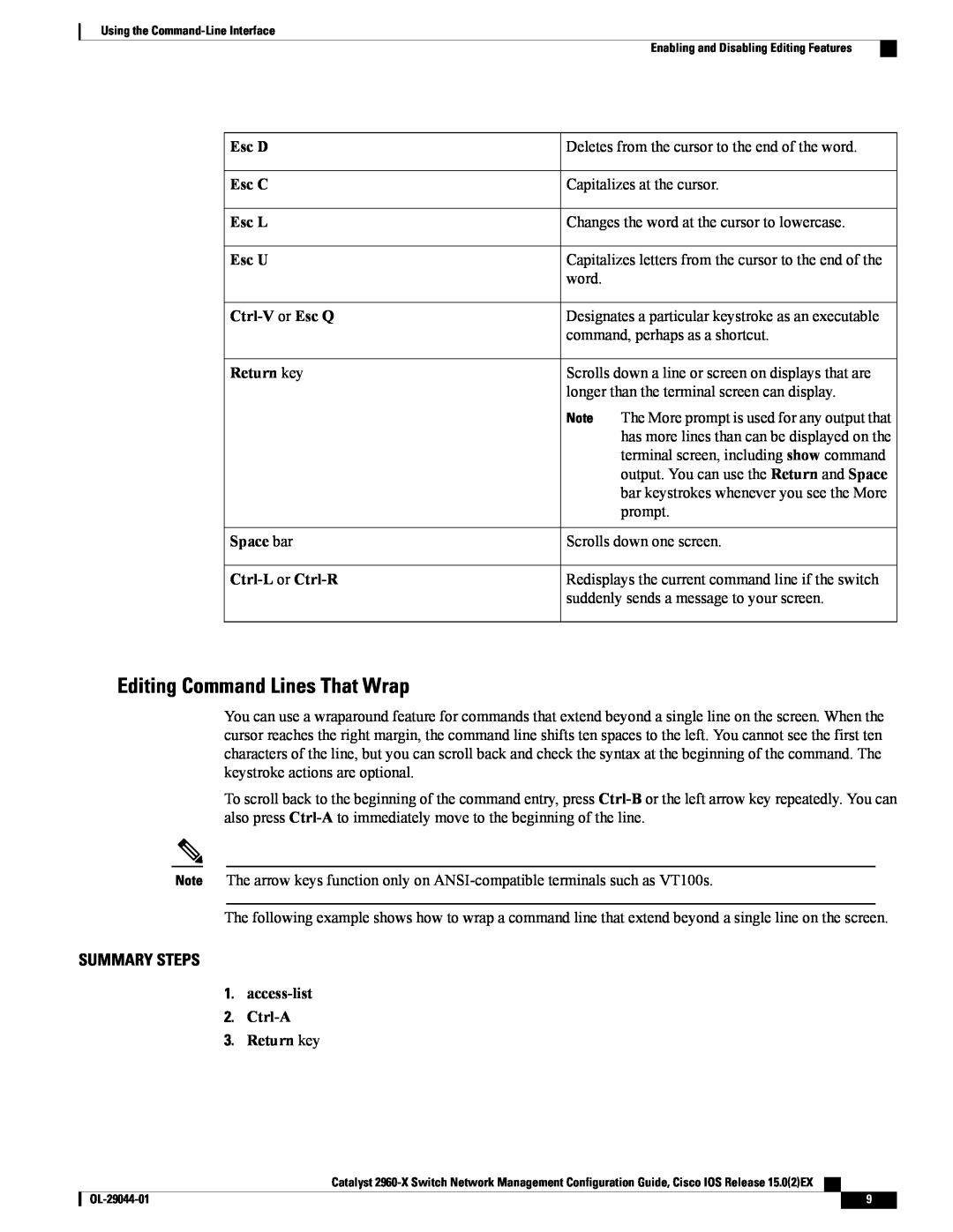 Cisco Systems WSC2960X24TDL manual Editing Command Lines That Wrap, Esc D, Esc C, Esc L, Esc U, Ctrl-V or Esc Q, Return key 