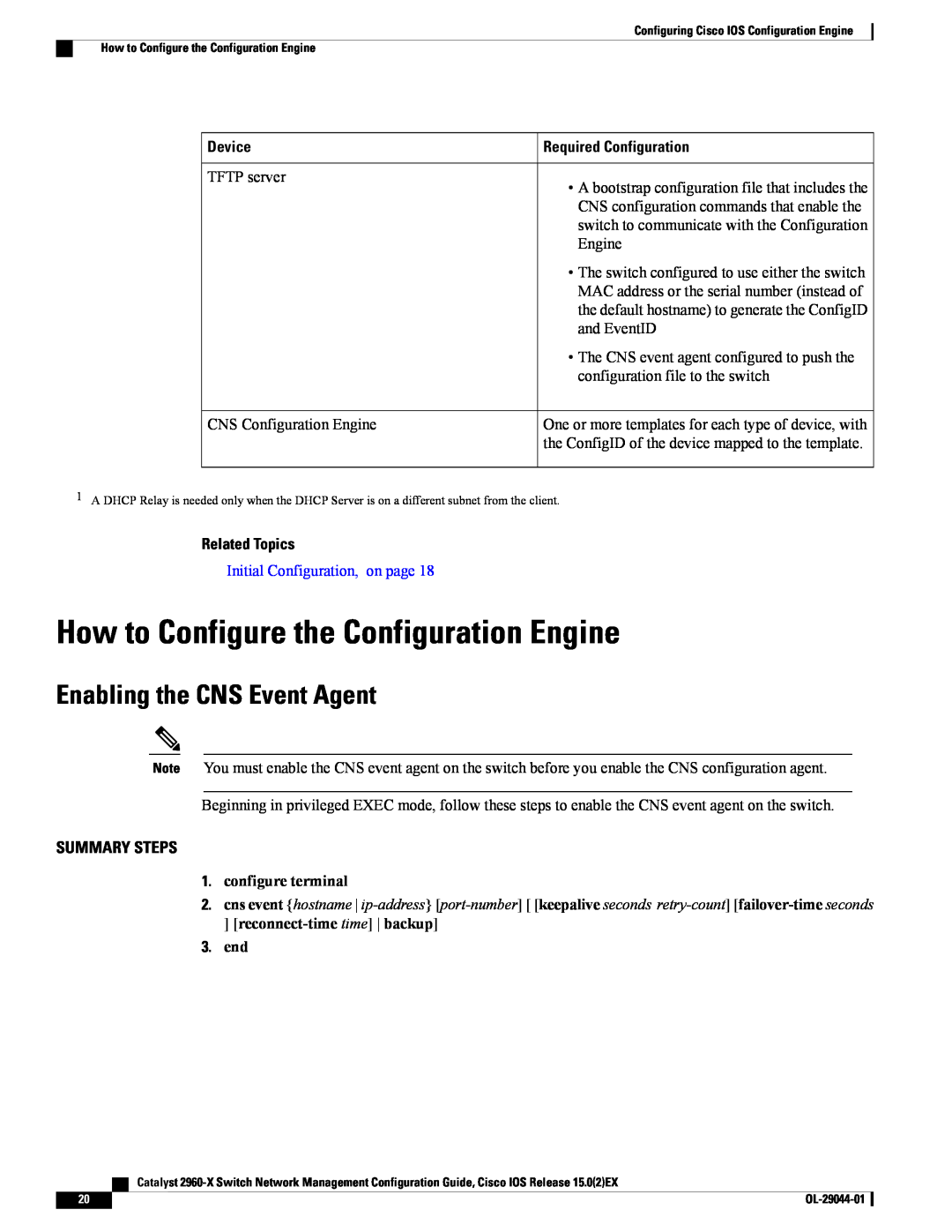 Cisco Systems WSC2960X24PDL How to Configure the Configuration Engine, Enabling the CNS Event Agent, configure terminal 
