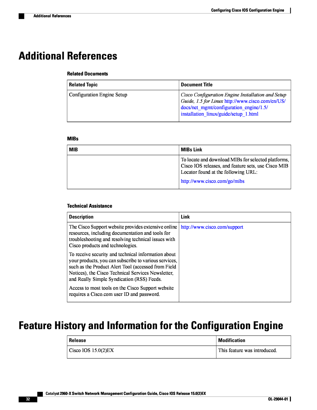 Cisco Systems WSC2960X24PSL Additional References, Feature History and Information for the Configuration Engine, Link 