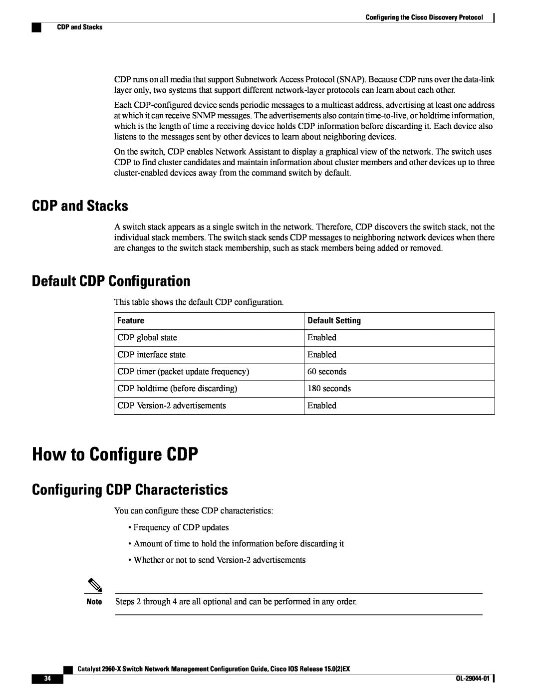 Cisco Systems WSC2960X24PDL, WSC2960X24TDL manual How to Configure CDP, CDP and Stacks, Default CDP Configuration, Feature 