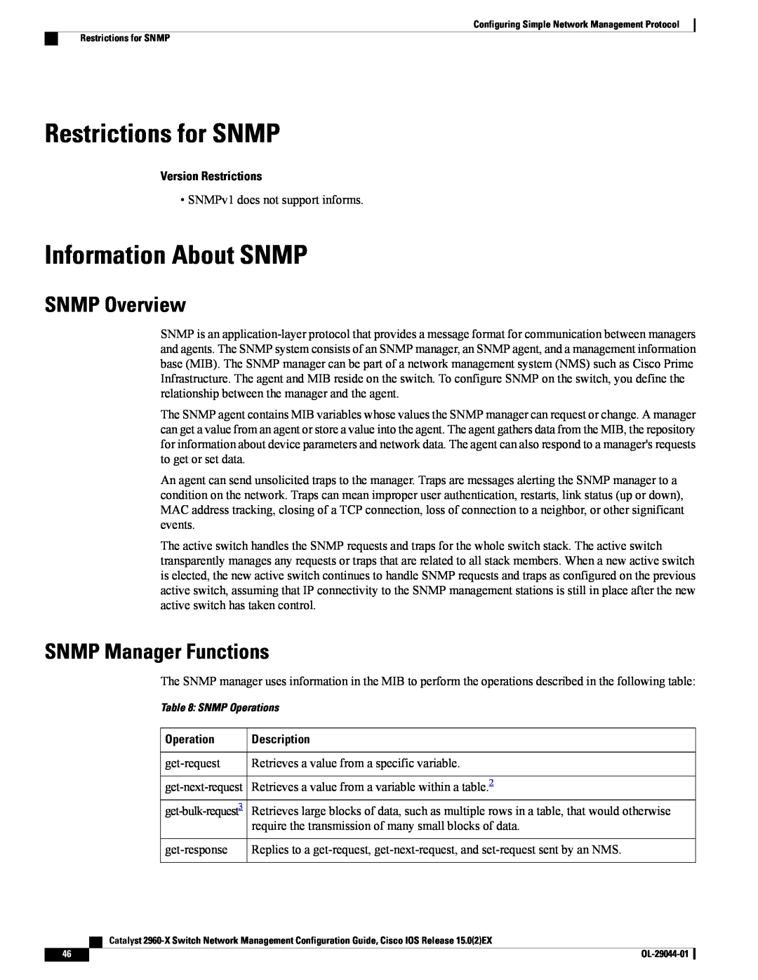 Cisco Systems WSC2960X24PSL manual Restrictions for SNMP, Information About SNMP, SNMP Overview, SNMP Manager Functions 