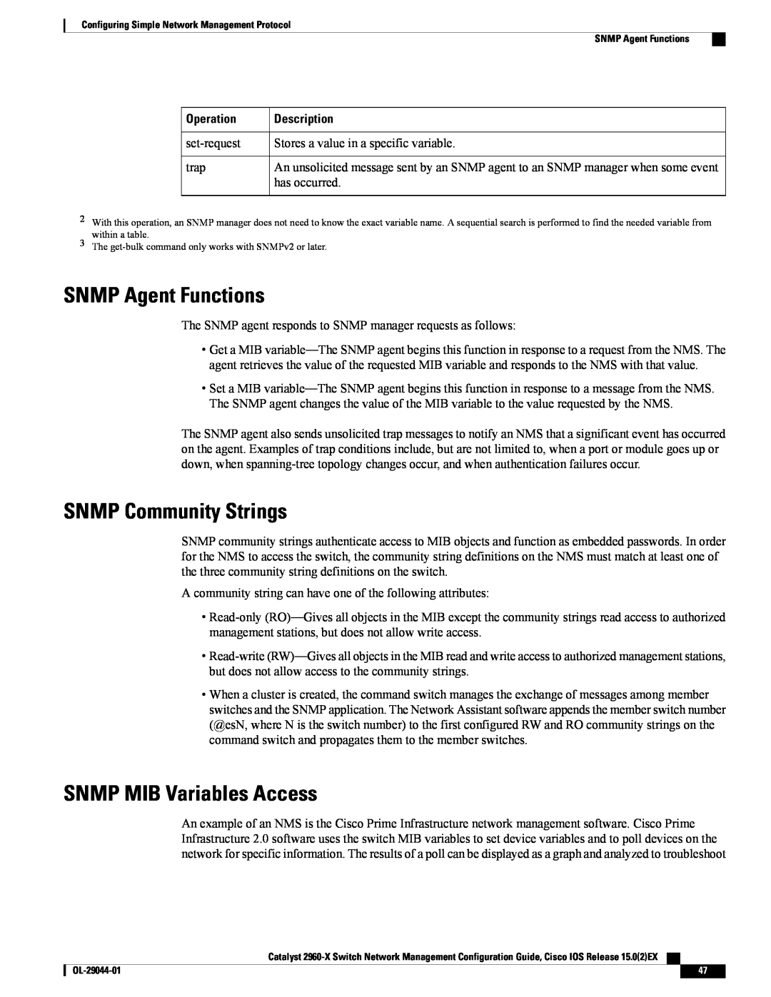 Cisco Systems WSC2960X24TSLL manual SNMP Agent Functions, SNMP Community Strings, SNMP MIB Variables Access, Operation 