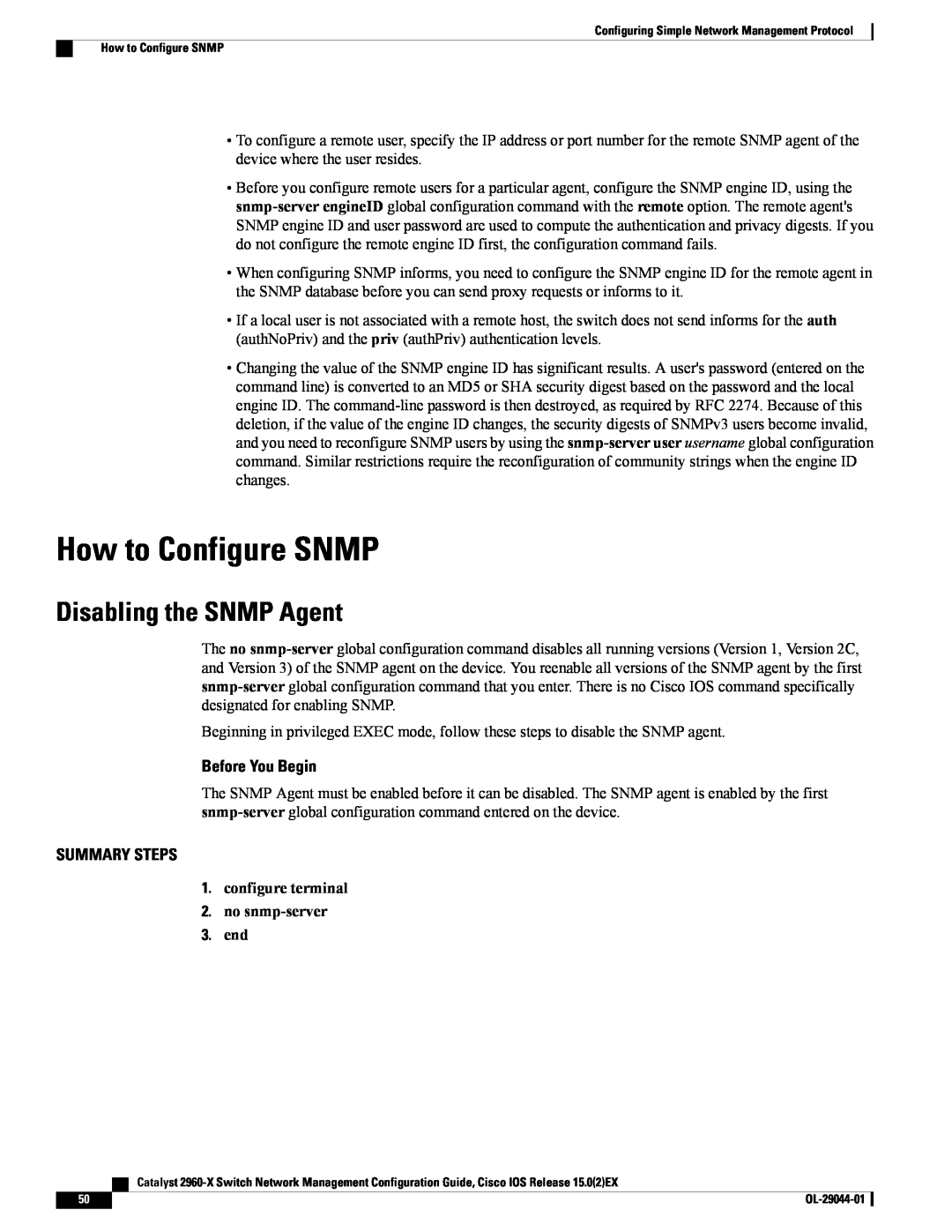Cisco Systems WSC2960X24TSL How to Configure SNMP, Disabling the SNMP Agent, configure terminal 2. no snmp-server 3. end 