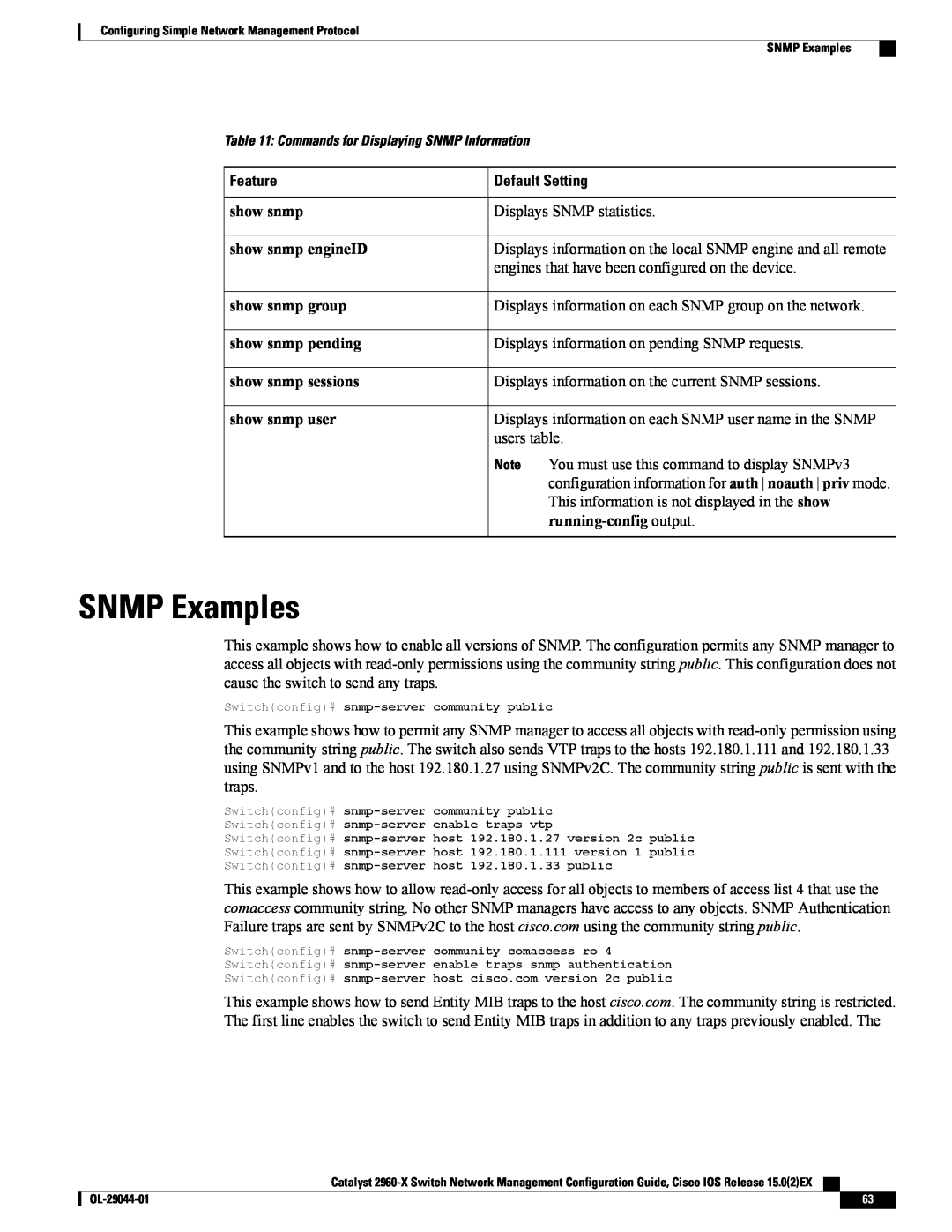 Cisco Systems C2960XSTACK SNMP Examples, show snmp engineID, show snmp group, show snmp pending, show snmp sessions 