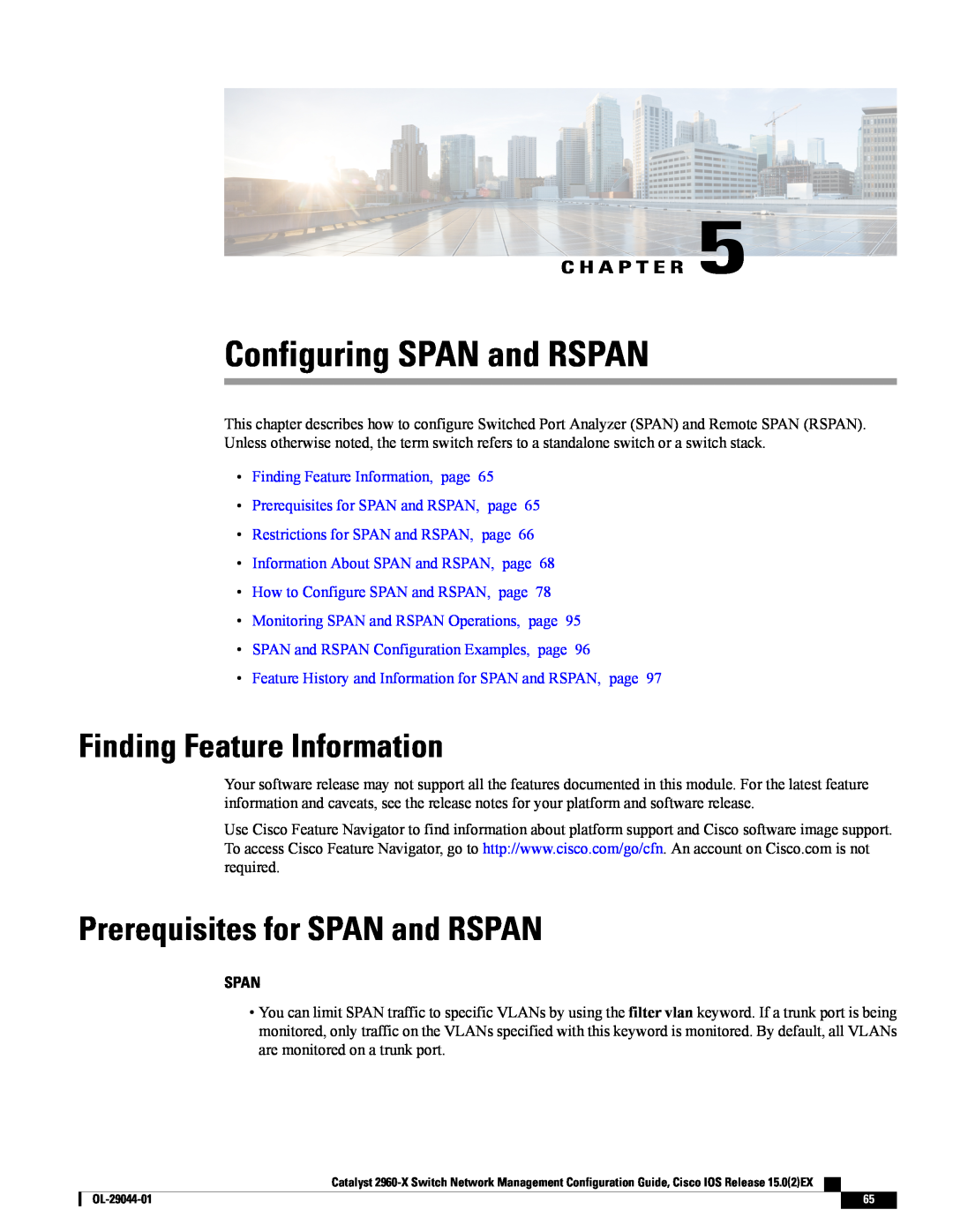 Cisco Systems WSC2960X24TDL, C2960XSTACK Configuring SPAN and RSPAN, Prerequisites for SPAN and RSPAN, Span, C H A P T E R 
