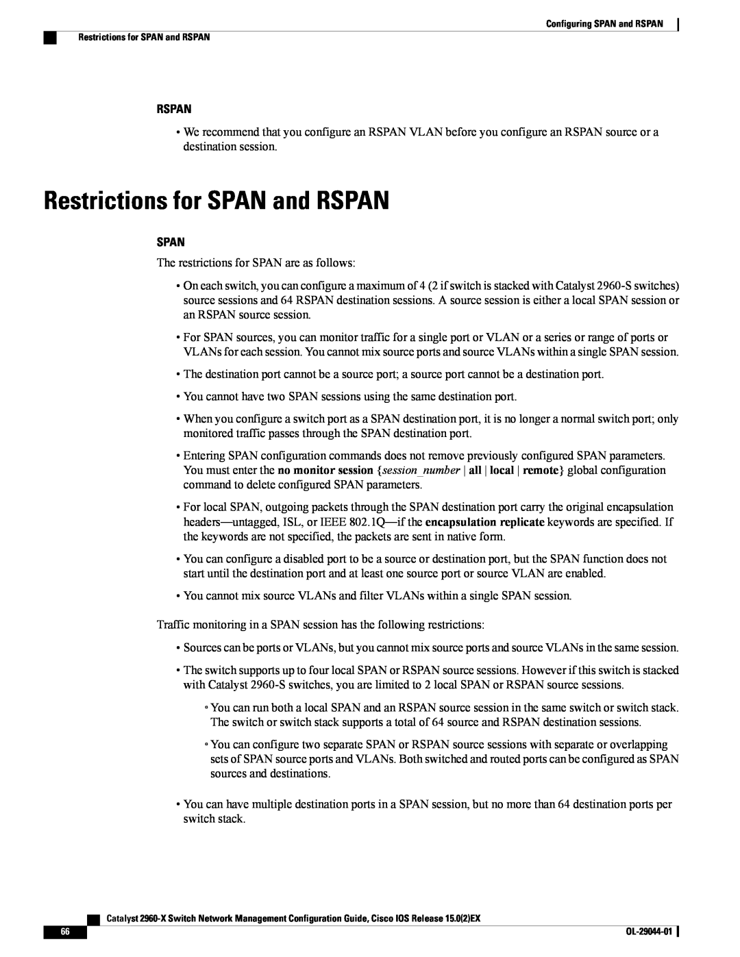 Cisco Systems WSC2960X48TSL, WSC2960X24TDL, WSC2960X24PSL, WSC2960X24TSLL manual Restrictions for SPAN and RSPAN, Rspan, Span 