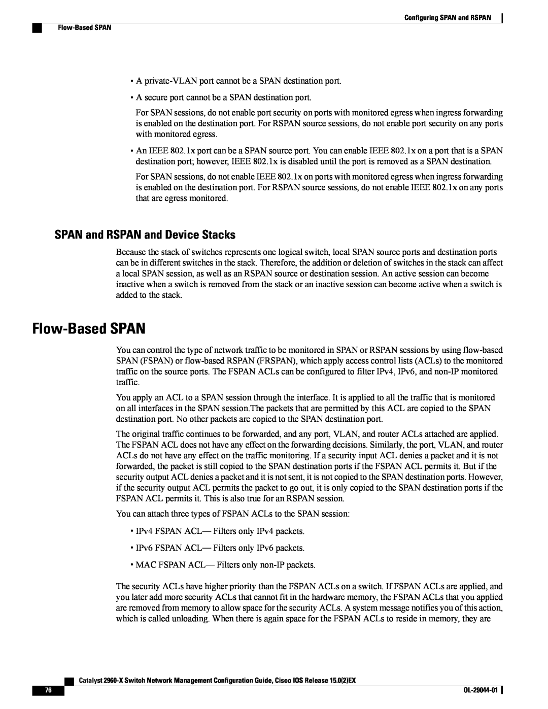 Cisco Systems WSC2960X24PDL, WSC2960X24TDL, WSC2960X48TSL, WSC2960X24PSL Flow-Based SPAN, SPAN and RSPAN and Device Stacks 