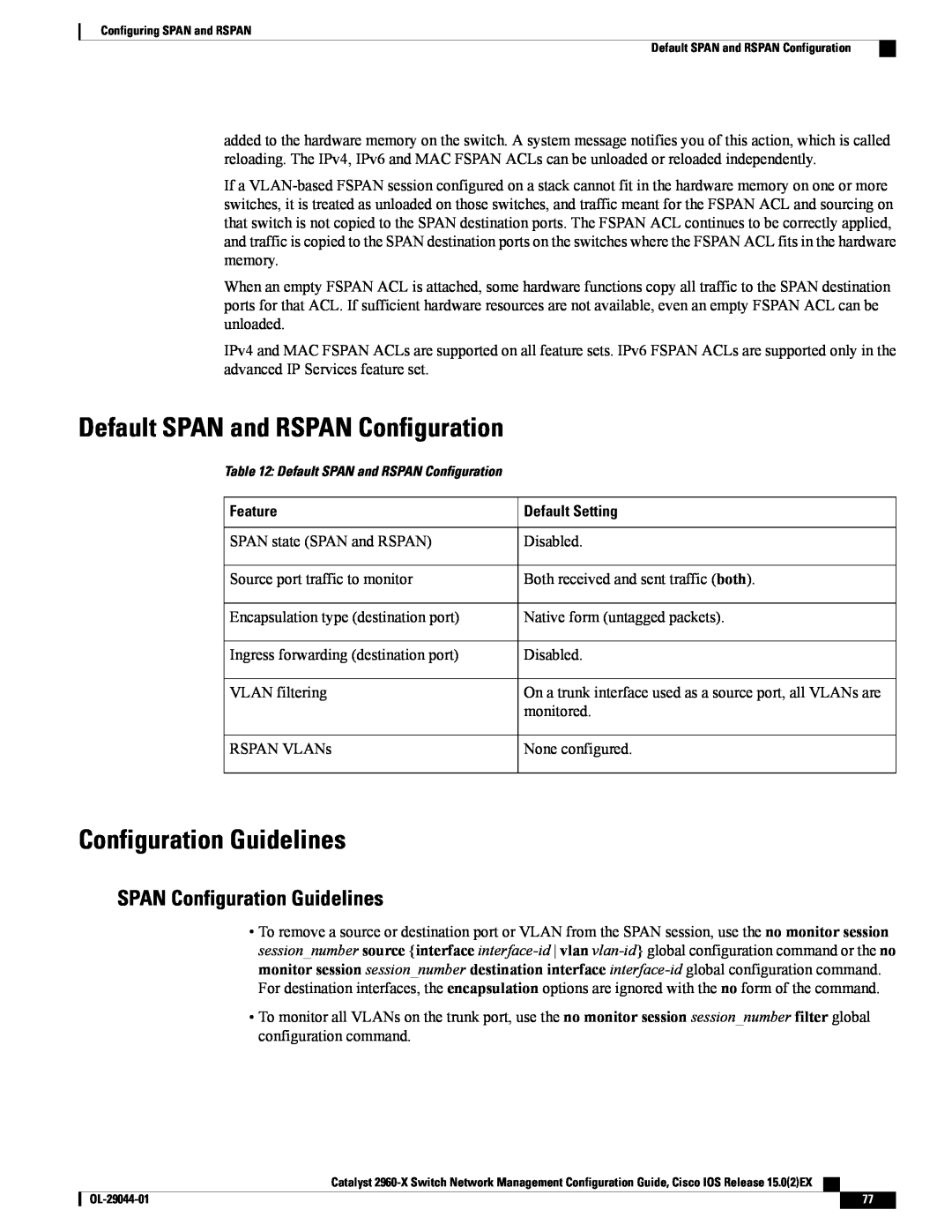 Cisco Systems C2960XSTACK, WSC2960X24TDL Default SPAN and RSPAN Configuration, SPAN Configuration Guidelines, Feature 