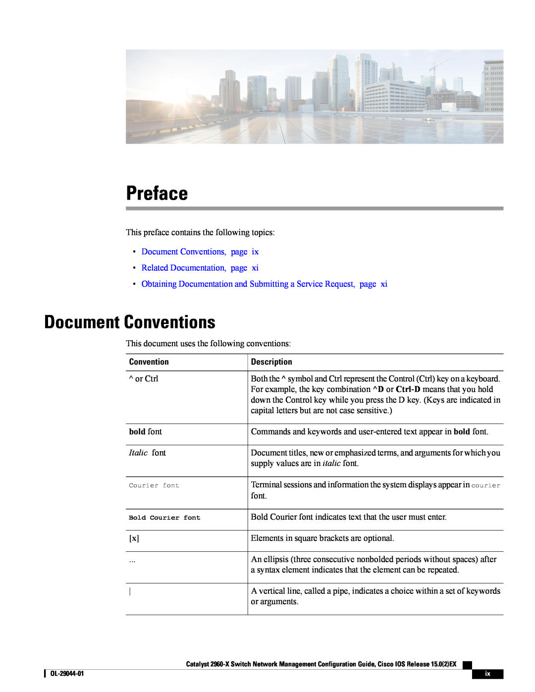 Cisco Systems WSC2960X24PSL Preface, Document Conventions, page Related Documentation, page, Description, bold font 