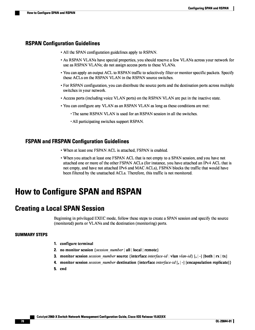 Cisco Systems WSC2960X24TSL How to Configure SPAN and RSPAN, Creating a Local SPAN Session, RSPAN Configuration Guidelines 