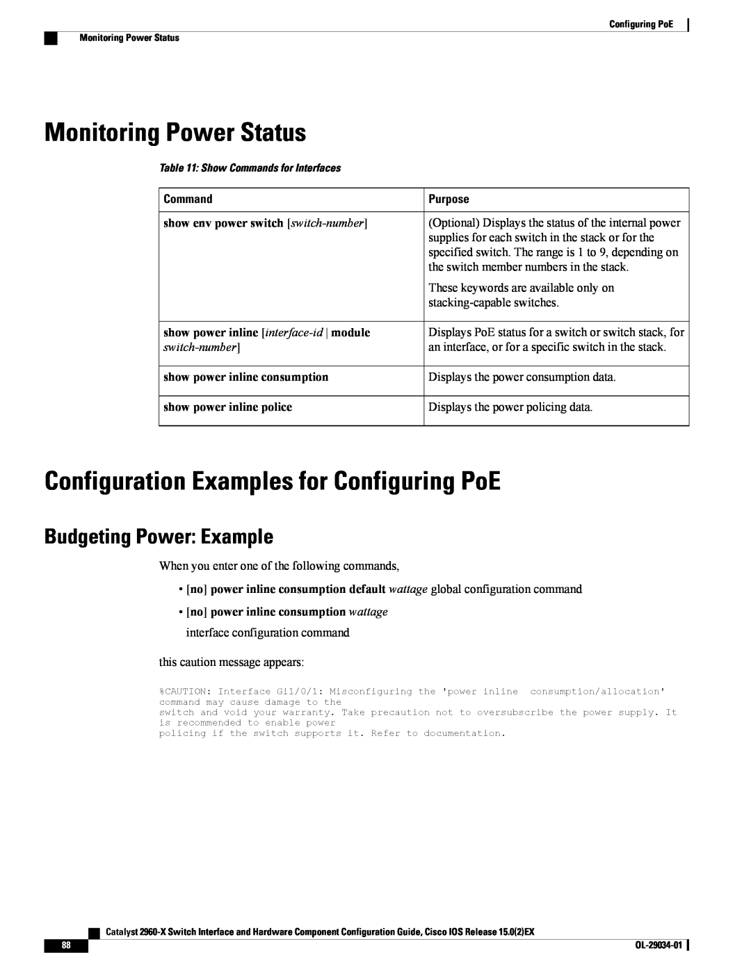 Cisco Systems WSC2960X48TDL Monitoring Power Status, Configuration Examples for Configuring PoE, Budgeting Power Example 