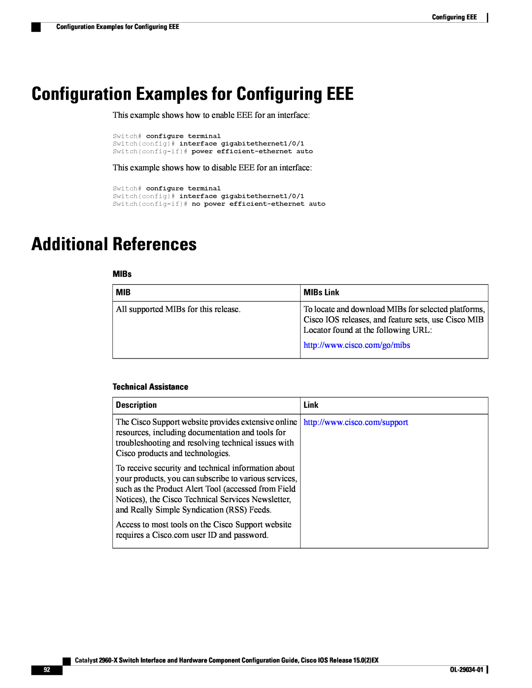 Cisco Systems WSC2960X48TDL Configuration Examples for Configuring EEE, Additional References, Technical Assistance, Link 
