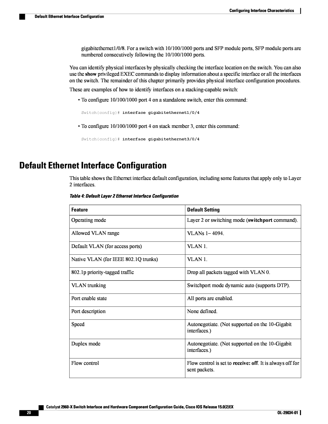 Cisco Systems WSC2960X48TDL manual Default Ethernet Interface Configuration, Feature, Default Setting 