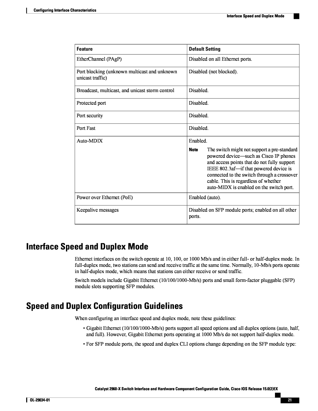 Cisco Systems WSC2960X48TDL manual Interface Speed and Duplex Mode, Speed and Duplex Configuration Guidelines, Feature 