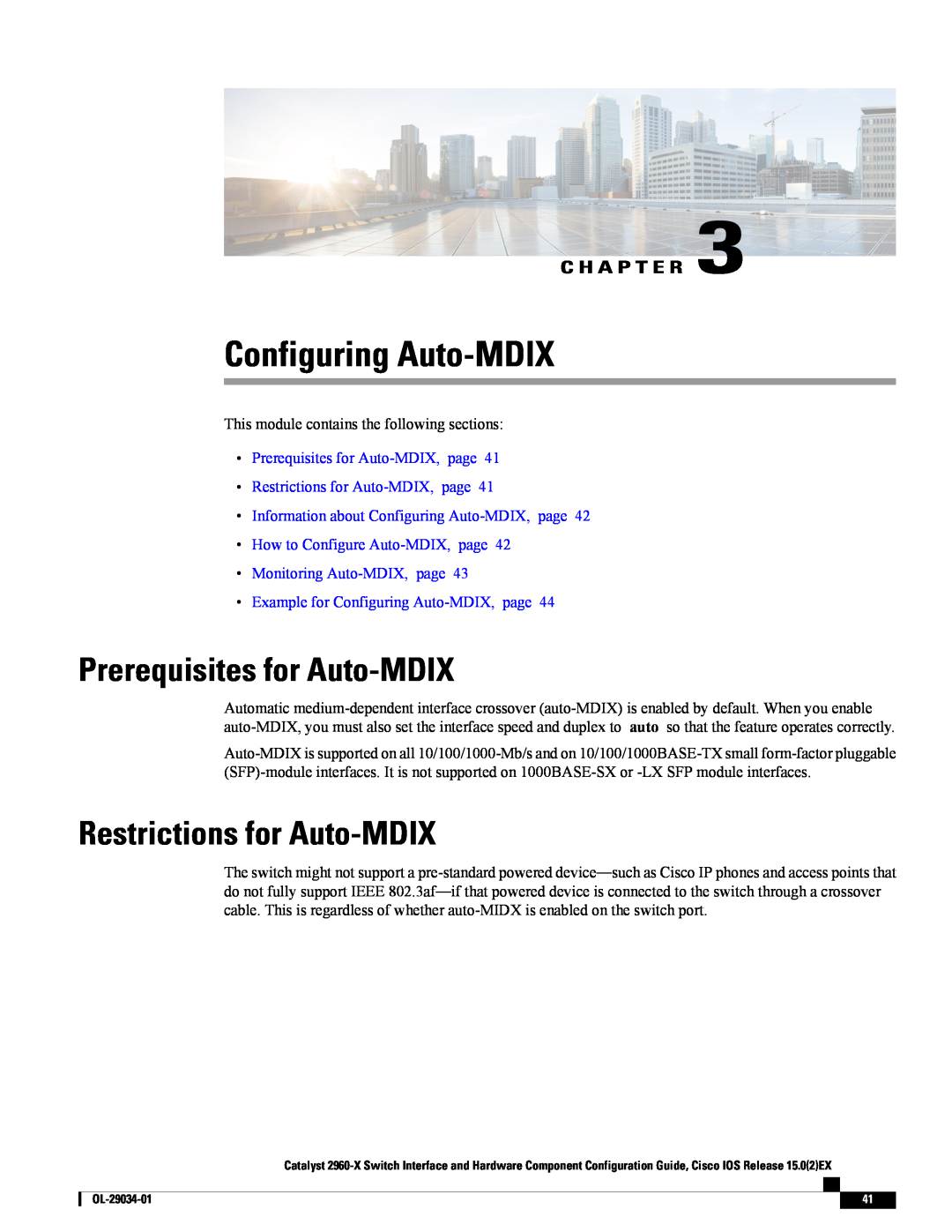 Cisco Systems WSC2960X48TDL Configuring Auto-MDIX, Prerequisites for Auto-MDIX, Restrictions for Auto-MDIX, C H A P T E R 
