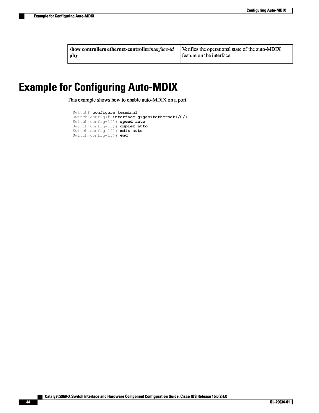 Cisco Systems WSC2960X48TDL manual Example for Configuring Auto-MDIX, show controllers ethernet-controller interface-id 