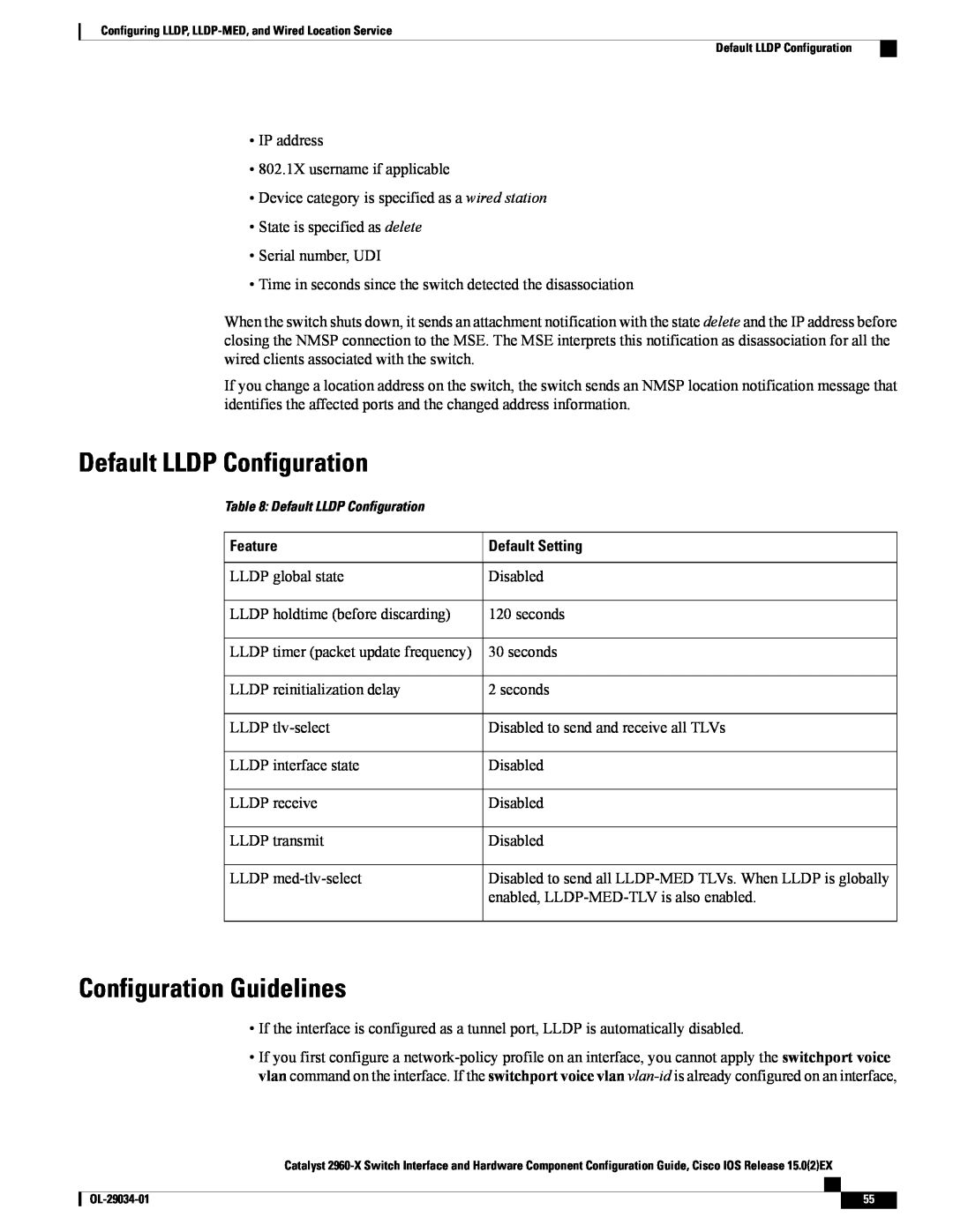 Cisco Systems WSC2960X48TDL manual Default LLDP Configuration, Configuration Guidelines, Feature, Default Setting 