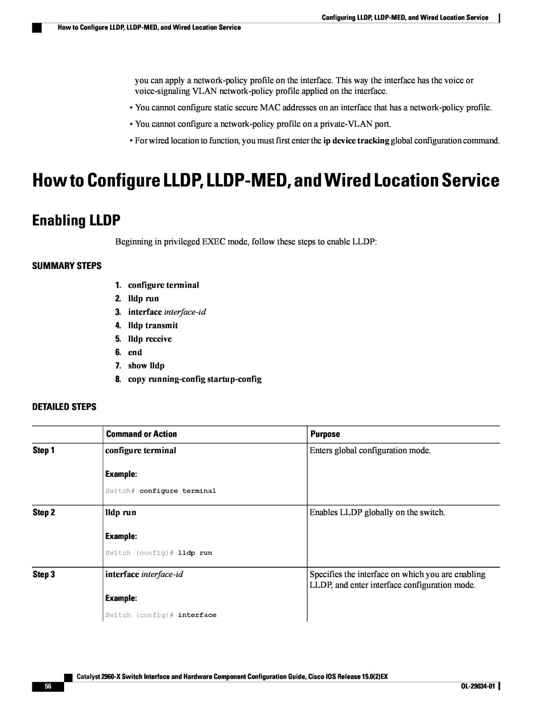 Cisco Systems WSC2960X48TDL How to Configure LLDP, LLDP-MED, and Wired Location Service, Enabling LLDP, lldp run, Purpose 