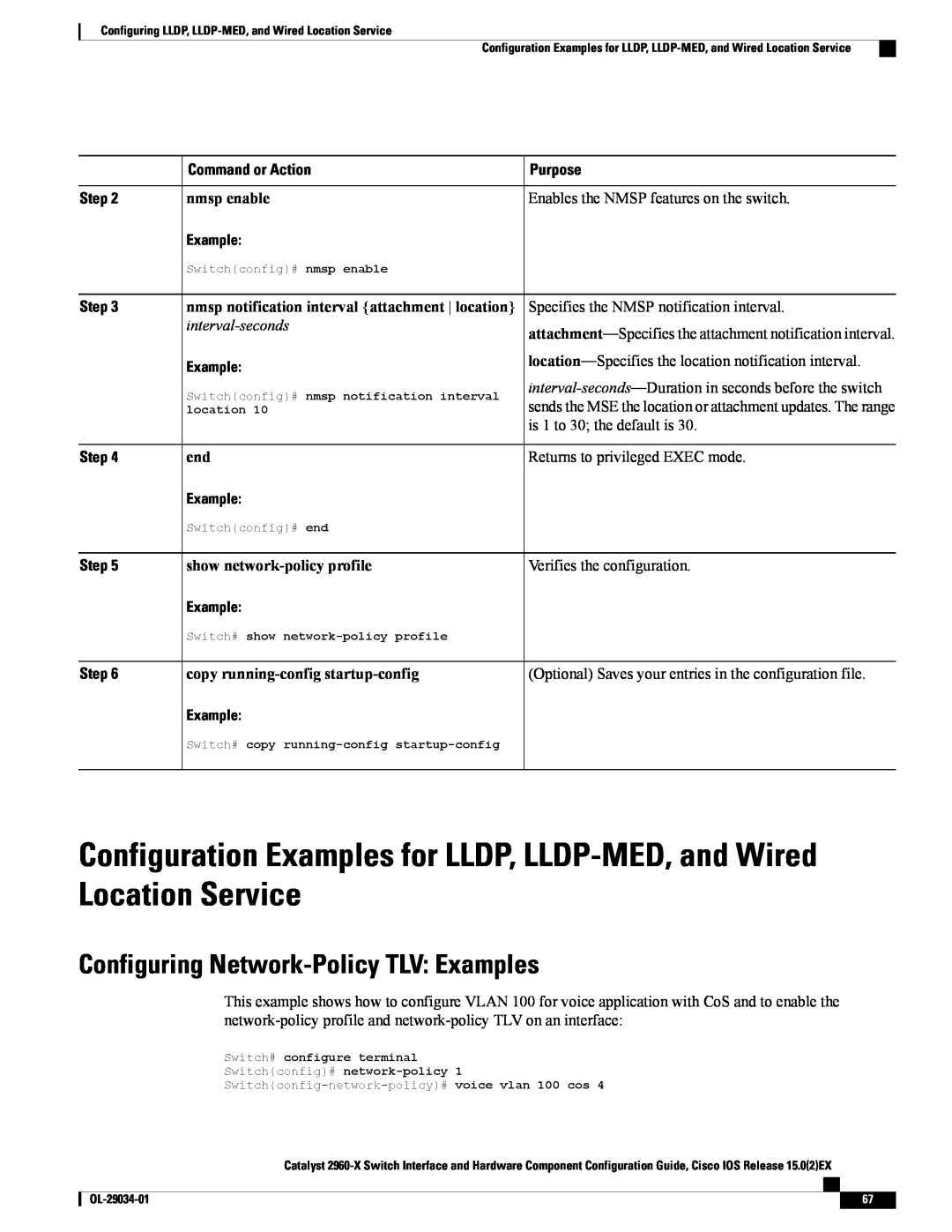 Cisco Systems WSC2960X48TDL Configuration Examples for LLDP, LLDP-MED, and Wired Location Service, nmsp enable, Purpose 