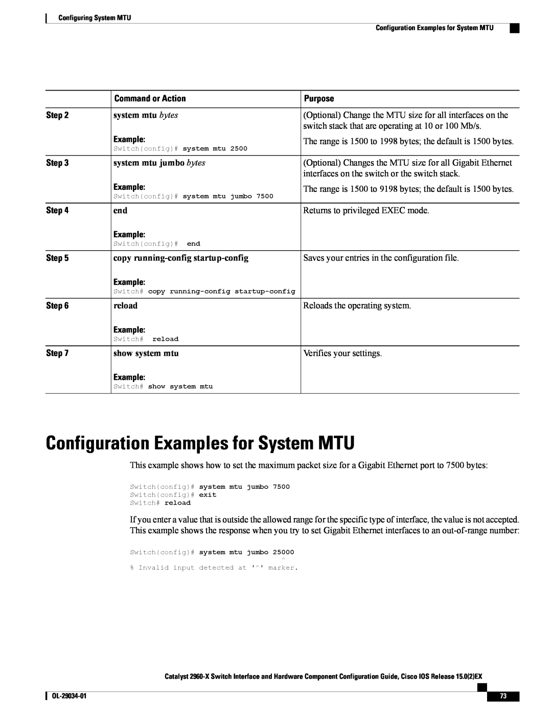 Cisco Systems WSC2960X48TDL Configuration Examples for System MTU, system mtu bytes, system mtu jumbo bytes, reload, Step 