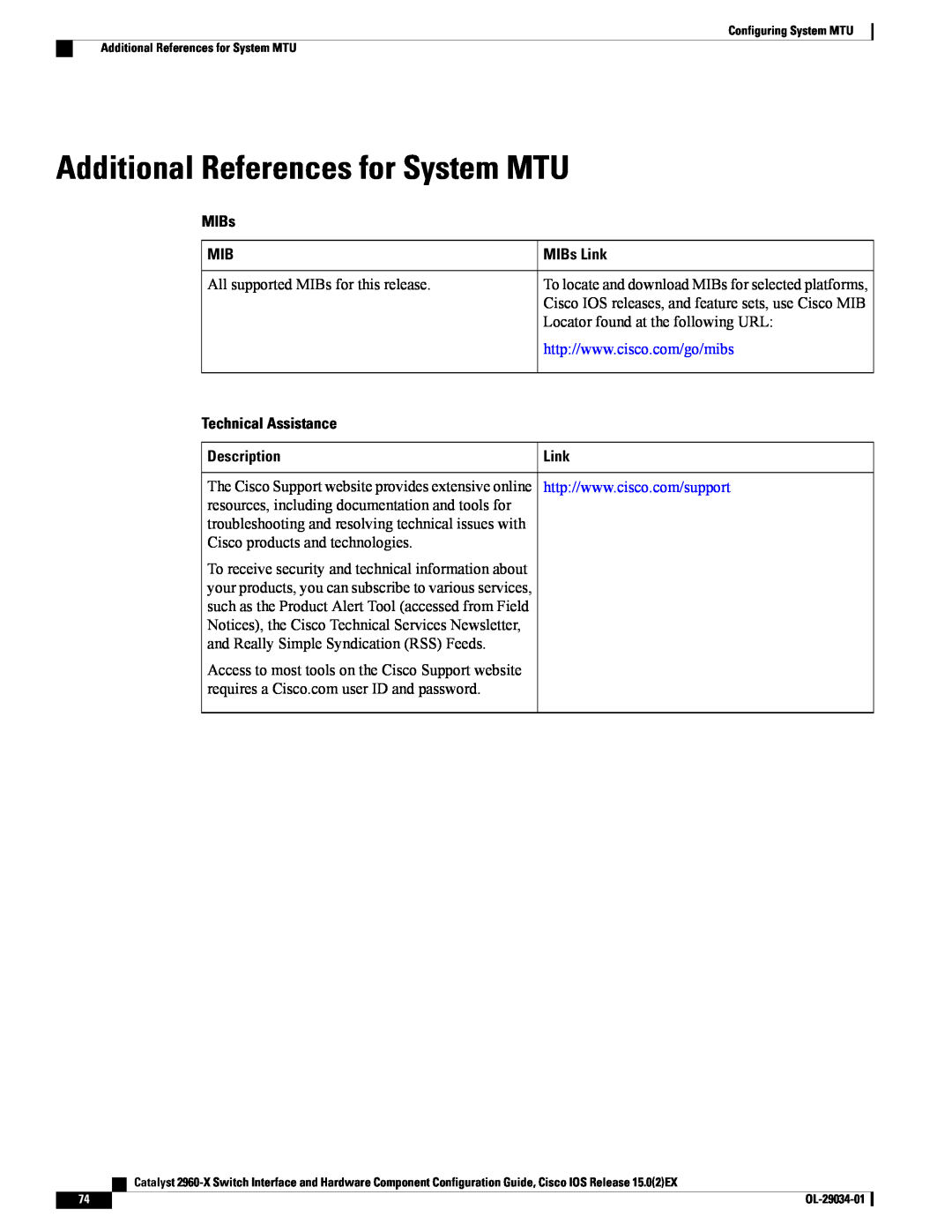 Cisco Systems WSC2960X48TDL manual Additional References for System MTU, Technical Assistance, Description, Link 