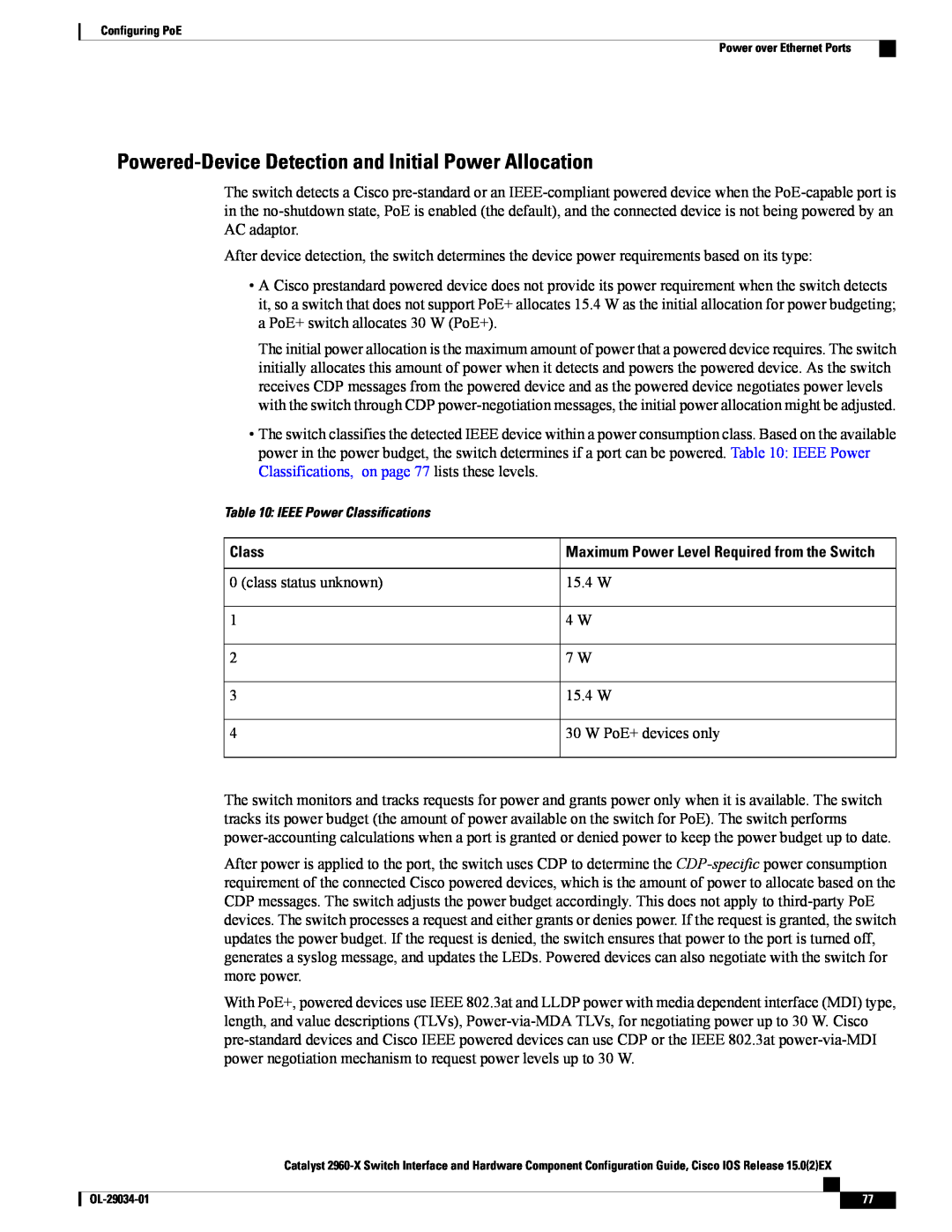 Cisco Systems WSC2960X48TDL manual Powered-Device Detection and Initial Power Allocation, Class 