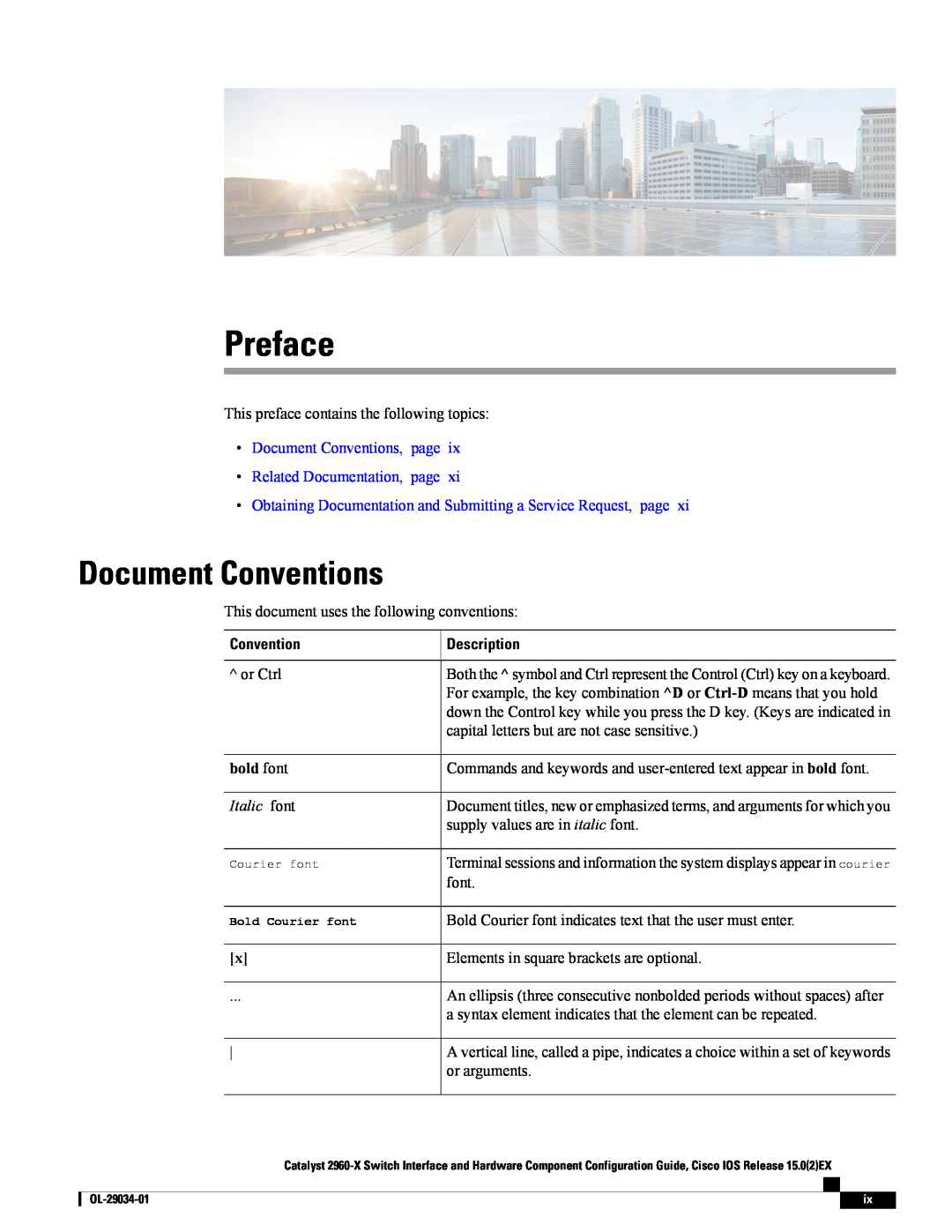 Cisco Systems WSC2960X48TDL manual Preface, Document Conventions, Description, bold font, Italic font 