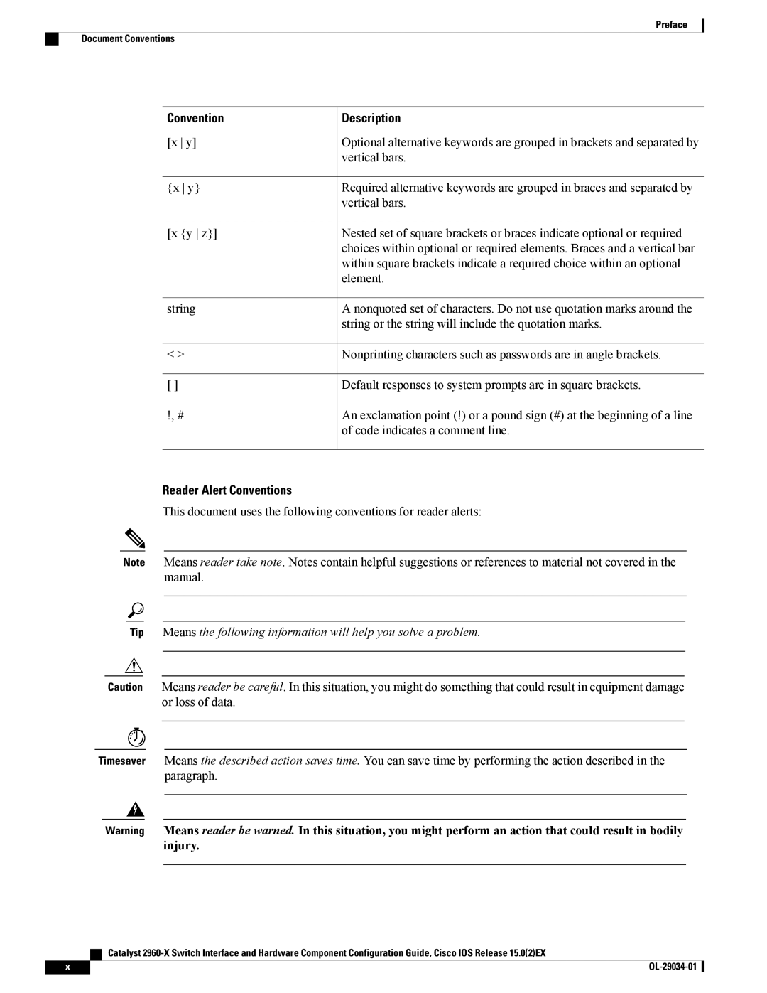 Cisco Systems WSC2960X48TDL manual Vertical bars, Element, Reader Alert Conventions 