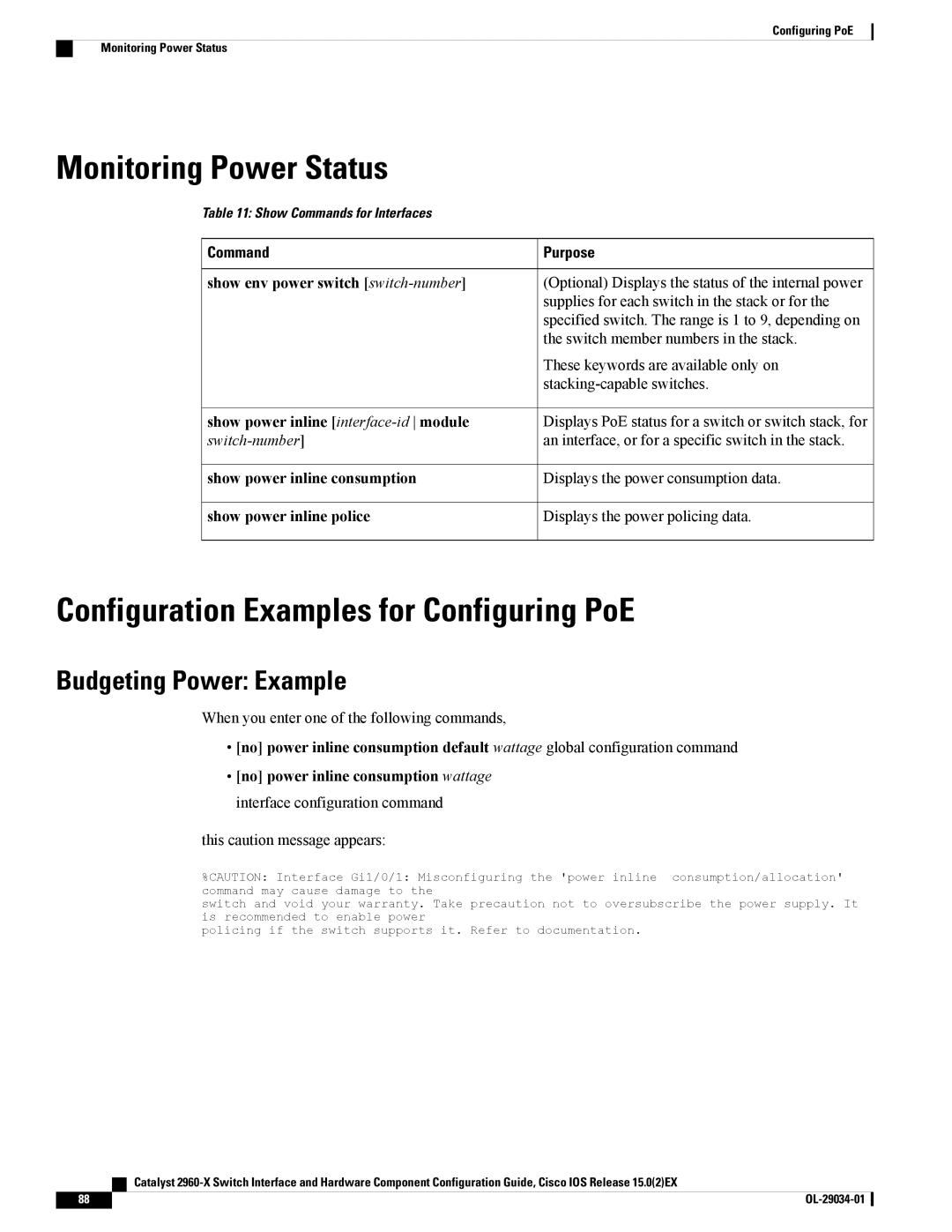 Cisco Systems WSC2960X48TDL Monitoring Power Status, Configuration Examples for Configuring PoE, Budgeting Power Example 