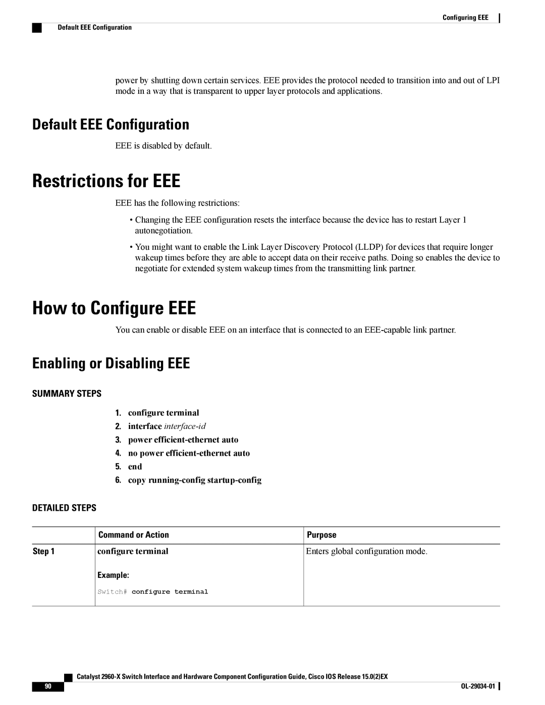 Cisco Systems WSC2960X48TDL manual Restrictions for EEE, How to Configure EEE, Default EEE Configuration 