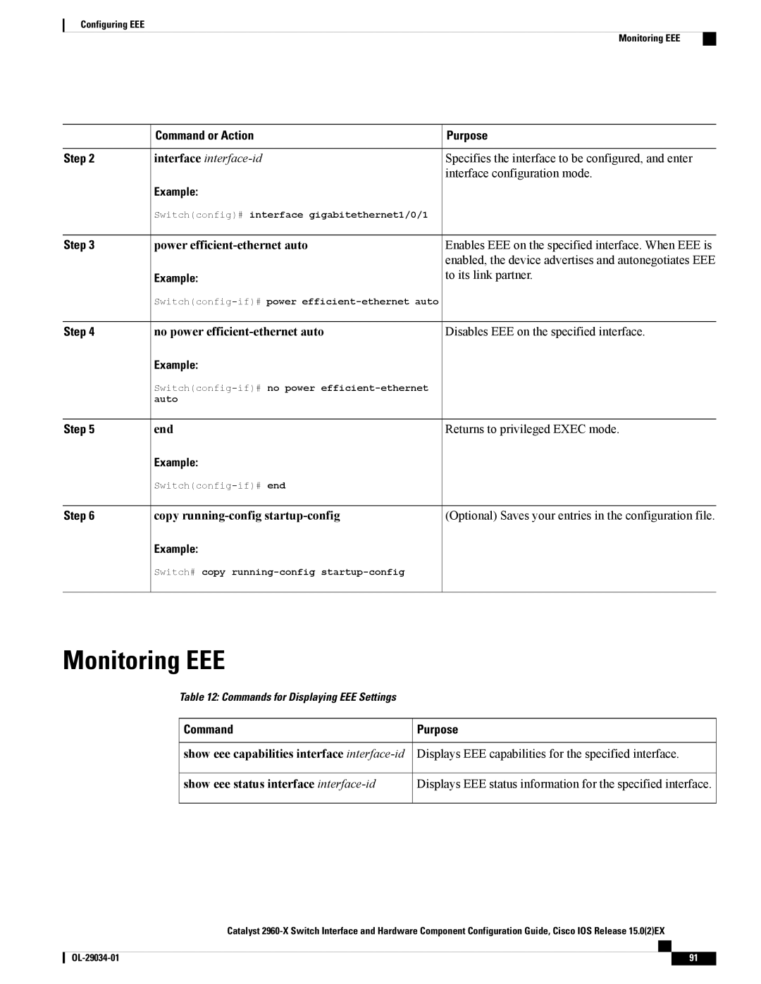 Cisco Systems WSC2960X48TDL manual Monitoring EEE, Specifies the interface to be configured, and enter, Command 