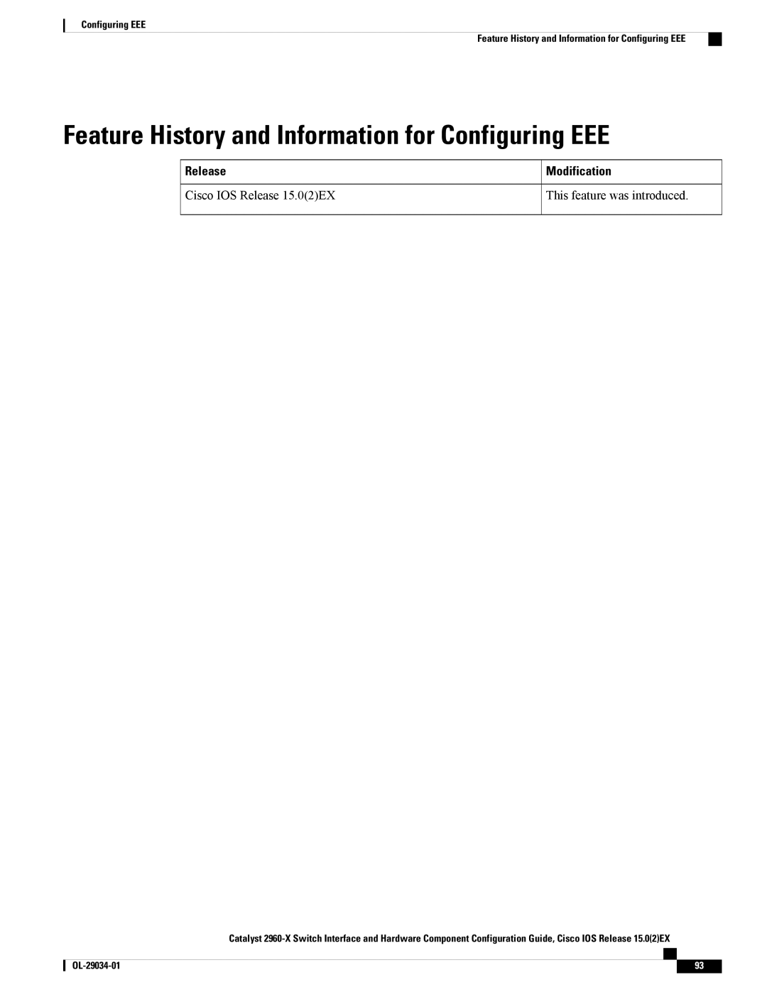 Cisco Systems WSC2960X48TDL manual Feature History and Information for Configuring EEE, Release Modification 