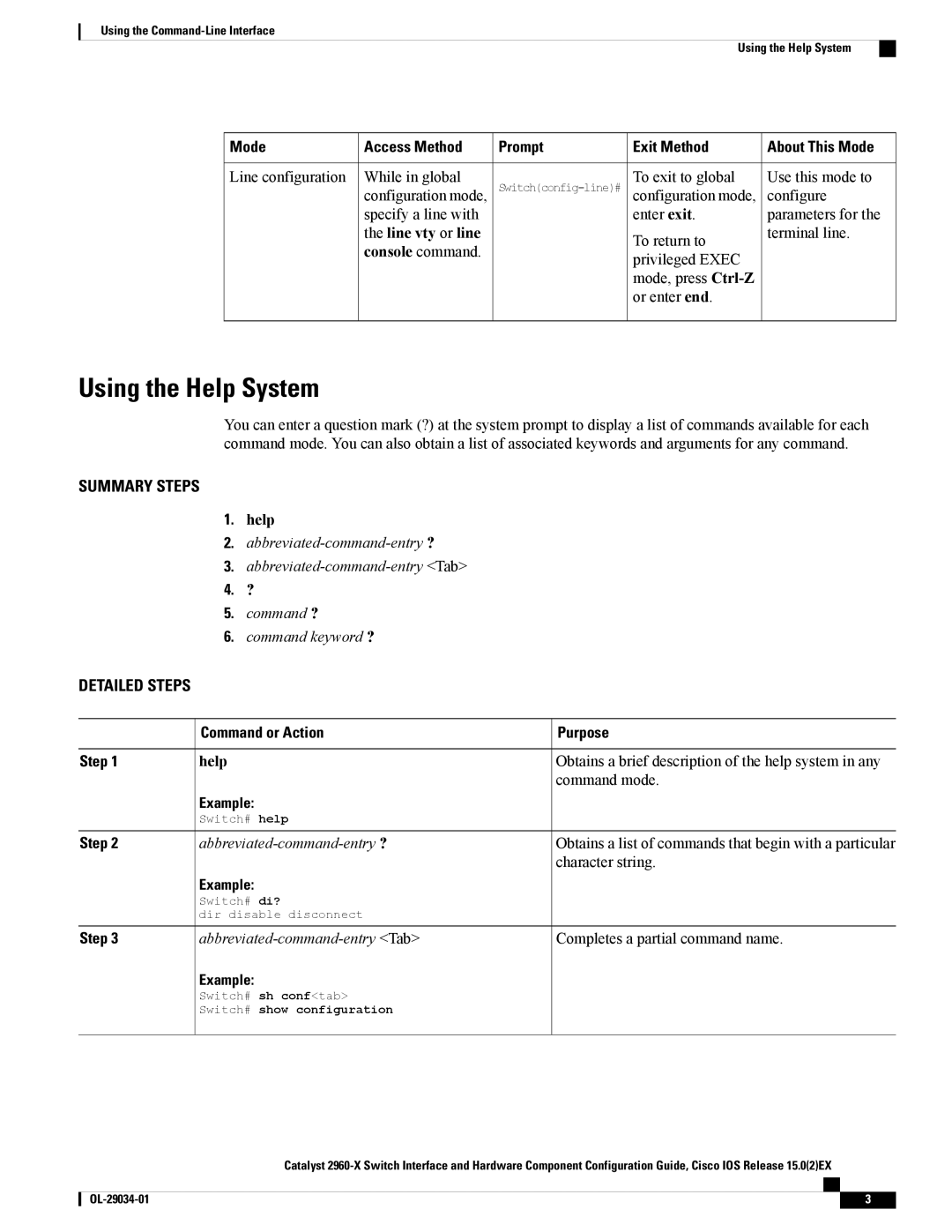 Cisco Systems WSC2960X48TDL manual Using the Help System, Mode, Command or Action Purpose Step, Example 