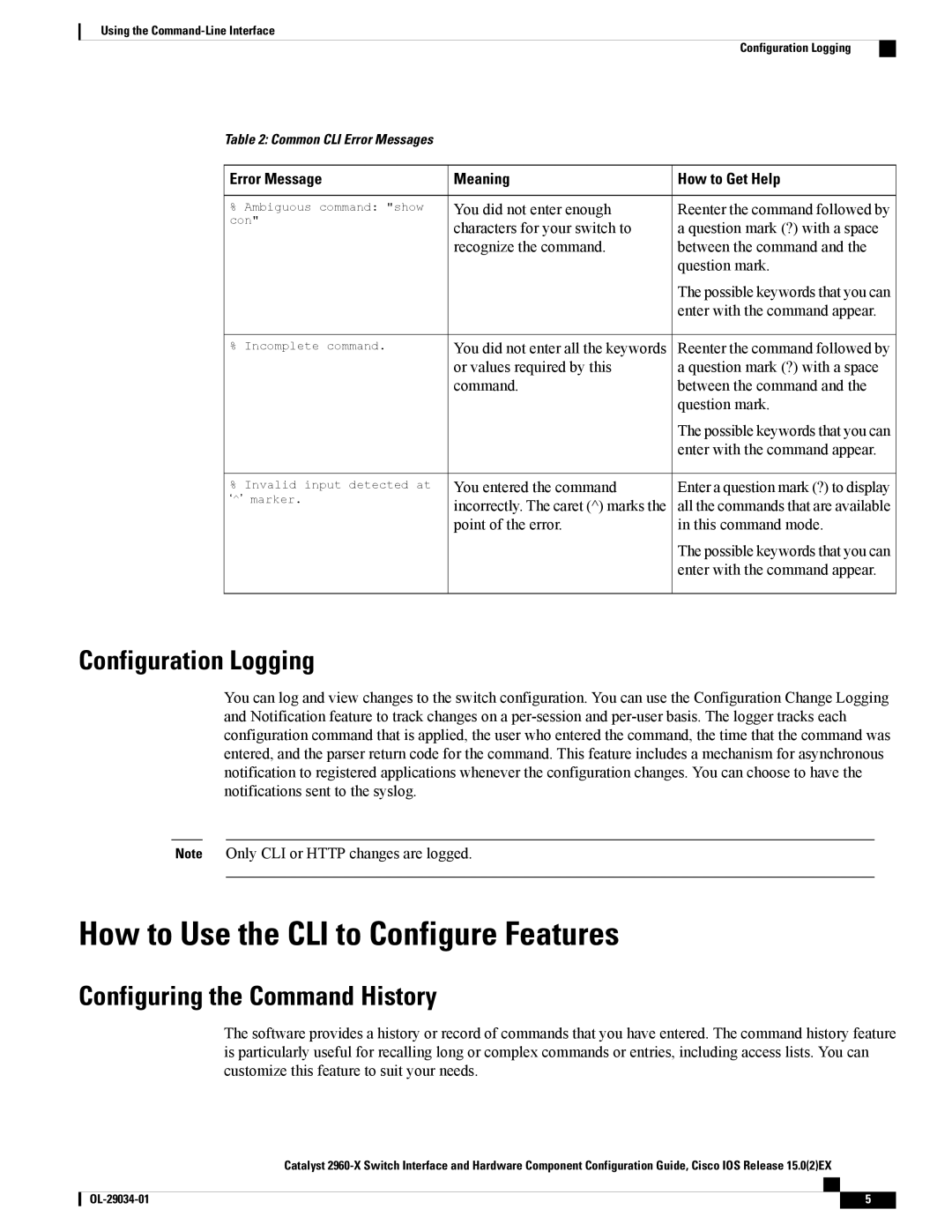 Cisco Systems WSC2960X48TDL manual How to Use the CLI to Configure Features, Configuration Logging, Error Message Meaning 