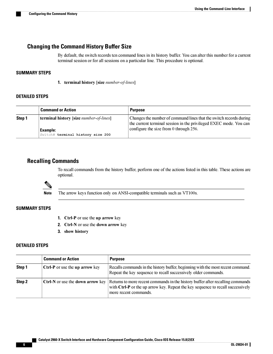 Cisco Systems WSC2960X48TDL manual Changing the Command History Buffer Size, Recalling Commands, Command or Action 