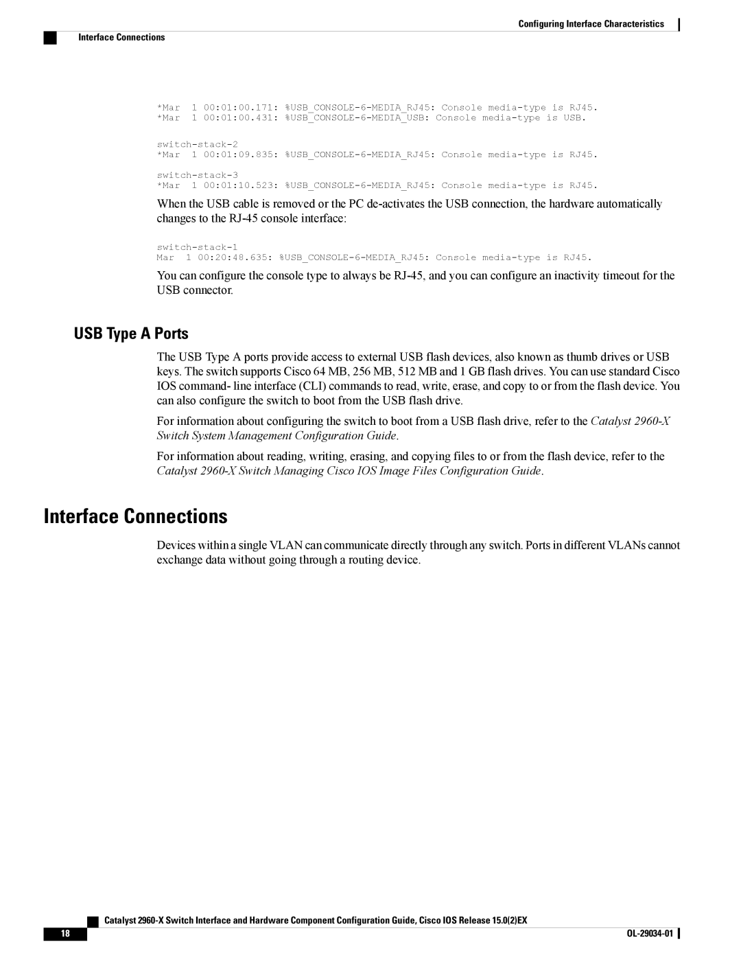 Cisco Systems WSC2960X48TDL manual Interface Connections, USB Type a Ports 