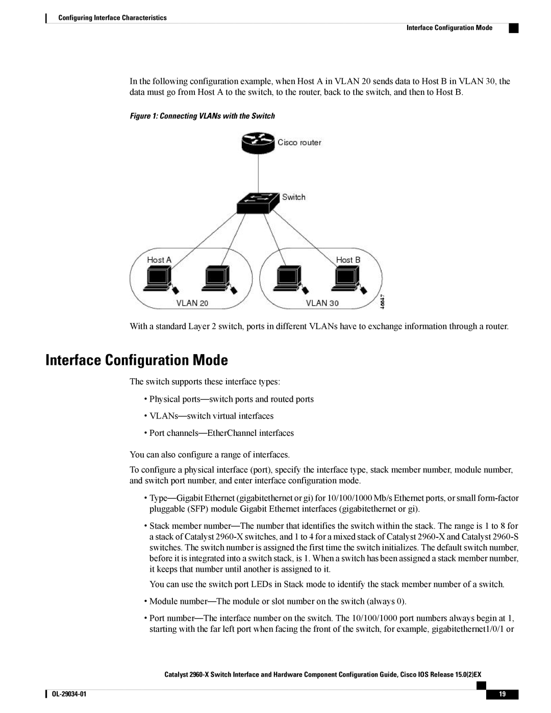 Cisco Systems WSC2960X48TDL manual Interface Configuration Mode, Connecting VLANs with the Switch 